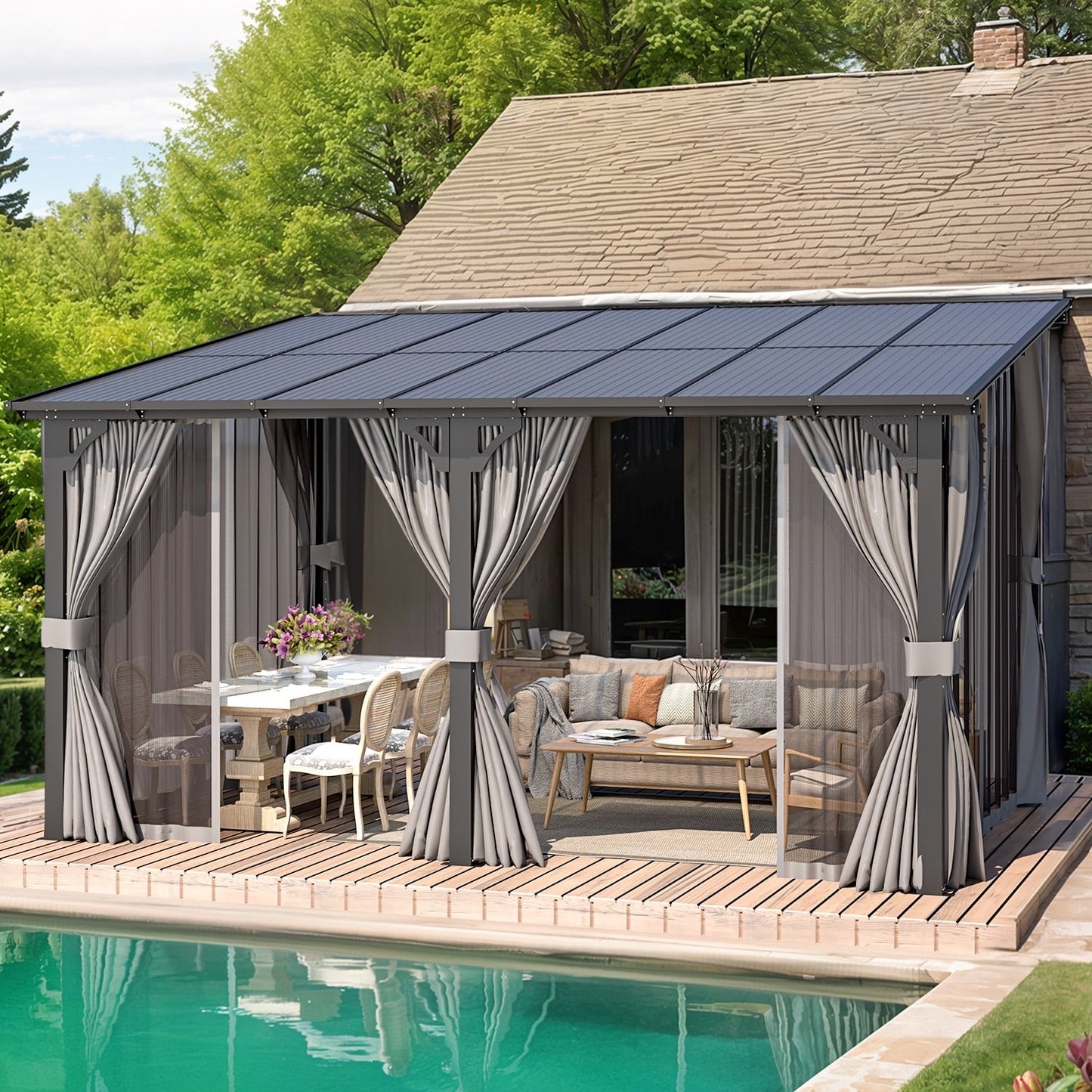 Mazonvintage 14' x 10' Lean to Gazebo with Netting and Curtain Outdoor Hardtop Gazebo Aluminum Metal Pergola For Garden, Patio, Backyard-Dark Gray