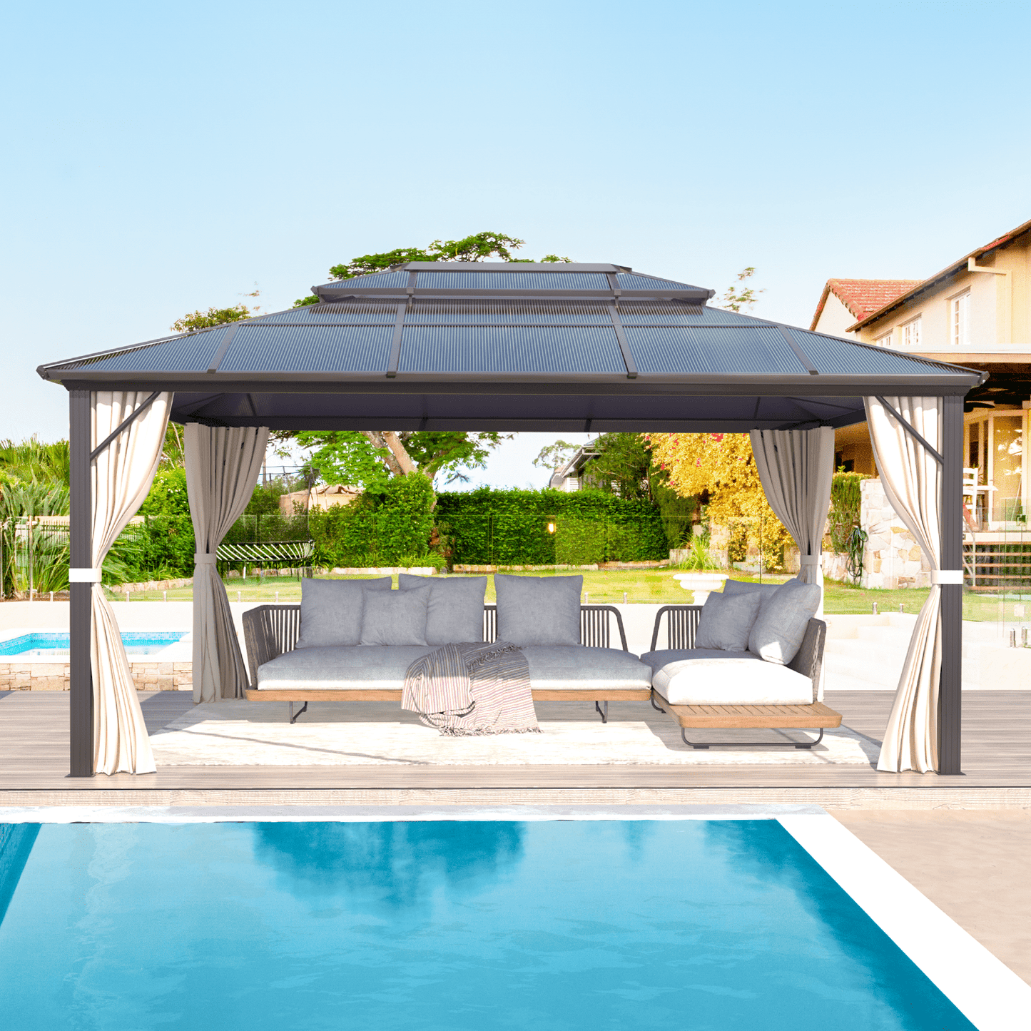 Mazonvintage 12'x16' Outdoor Polycarbonate Double Roof Mazonvintage Gazebo Canopy Curtains Aluminum Frame with Netting for Garden,Patio