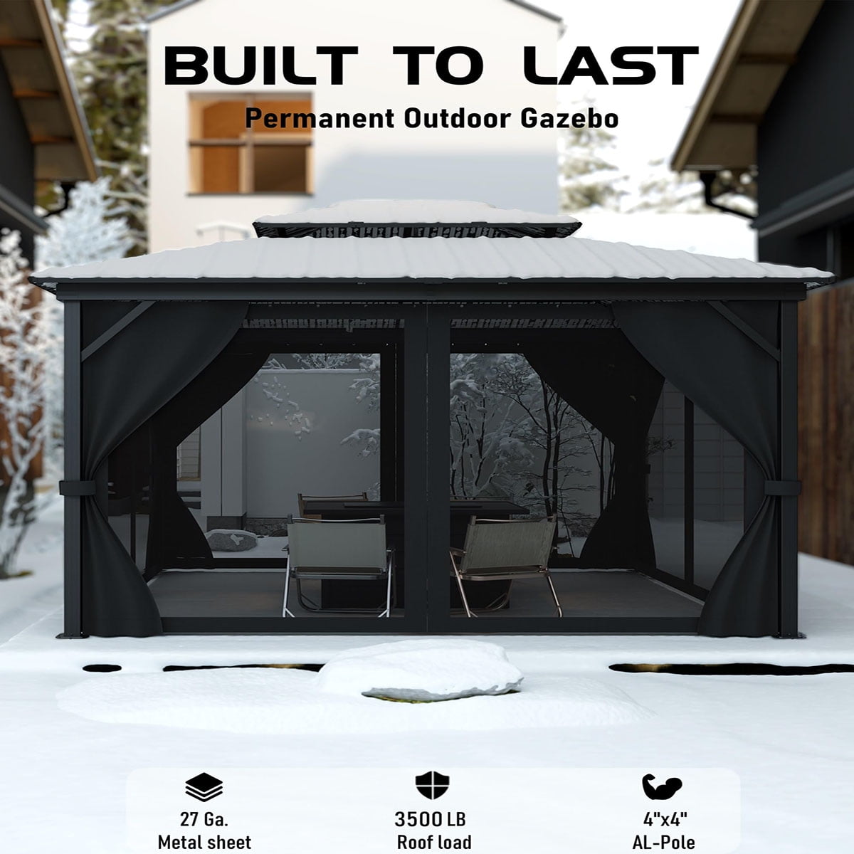 Mazonvintage Gazebo 12' x 14', with Galvanized Steel Double Roof Canopy, Permanent Outdoor Metal Pavilion, with Netting and Curtains, for Mazonvintage, Pario and Lawn(ship in 5 boxes)