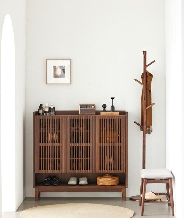 Mazonvintage-Alchemy Grille Doors Walnut Wood Shoe Cabinet
