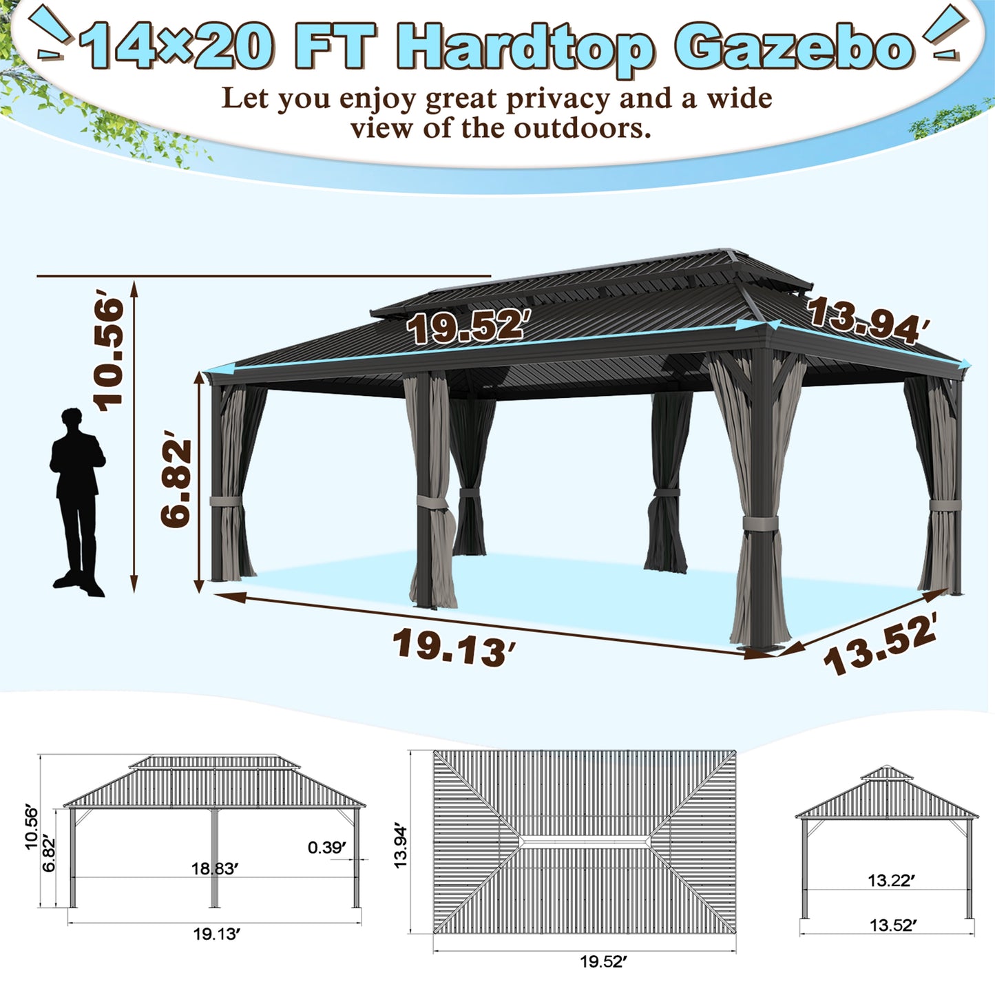 Mazonvintage 20' x 14' Double Roof Hardtop Gazebo with Gutters and Roof Hooks for Patio, Garden