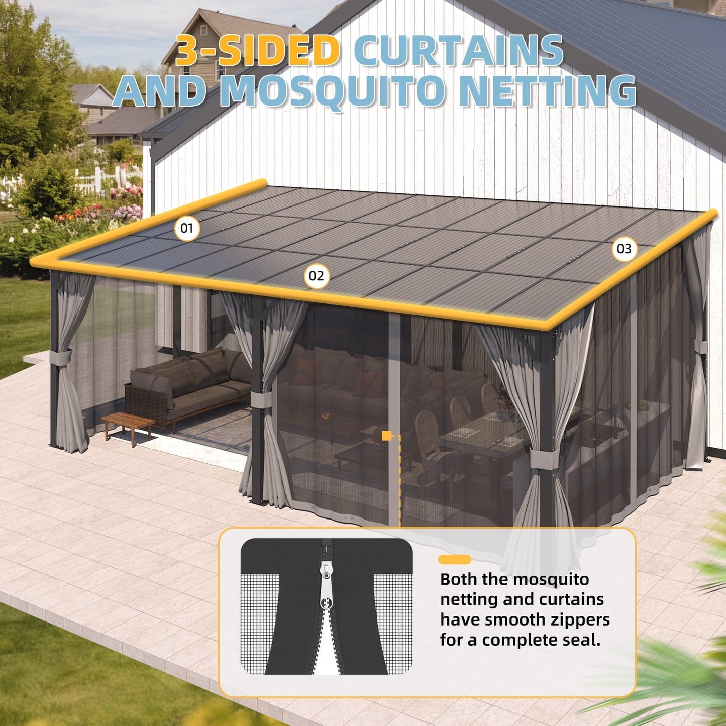 Mazonvintage 20' x 12' Lean to Gazebo with Netting and Curtain Outdoor Mazonvintage Gazebo Aluminum Metal Pergola For Garden, Patio, Backyard-Dark Gray