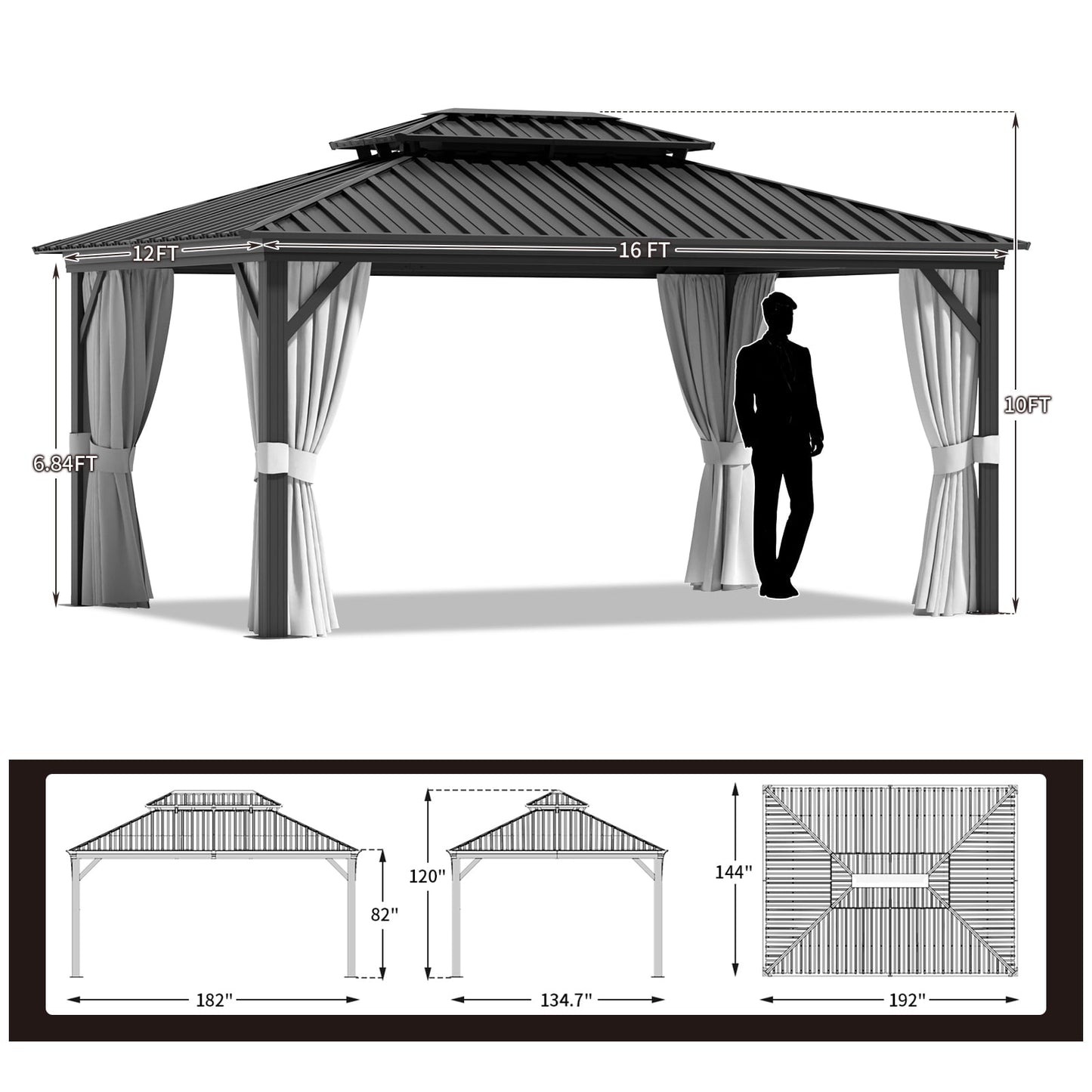 Mazonvintage 12'x16’Outdoor Hardtop Gazebo, Galvanized Double Roof Aluminum Pavilion with Netting and Curtains for Garden, Patio, Lawns, Gray