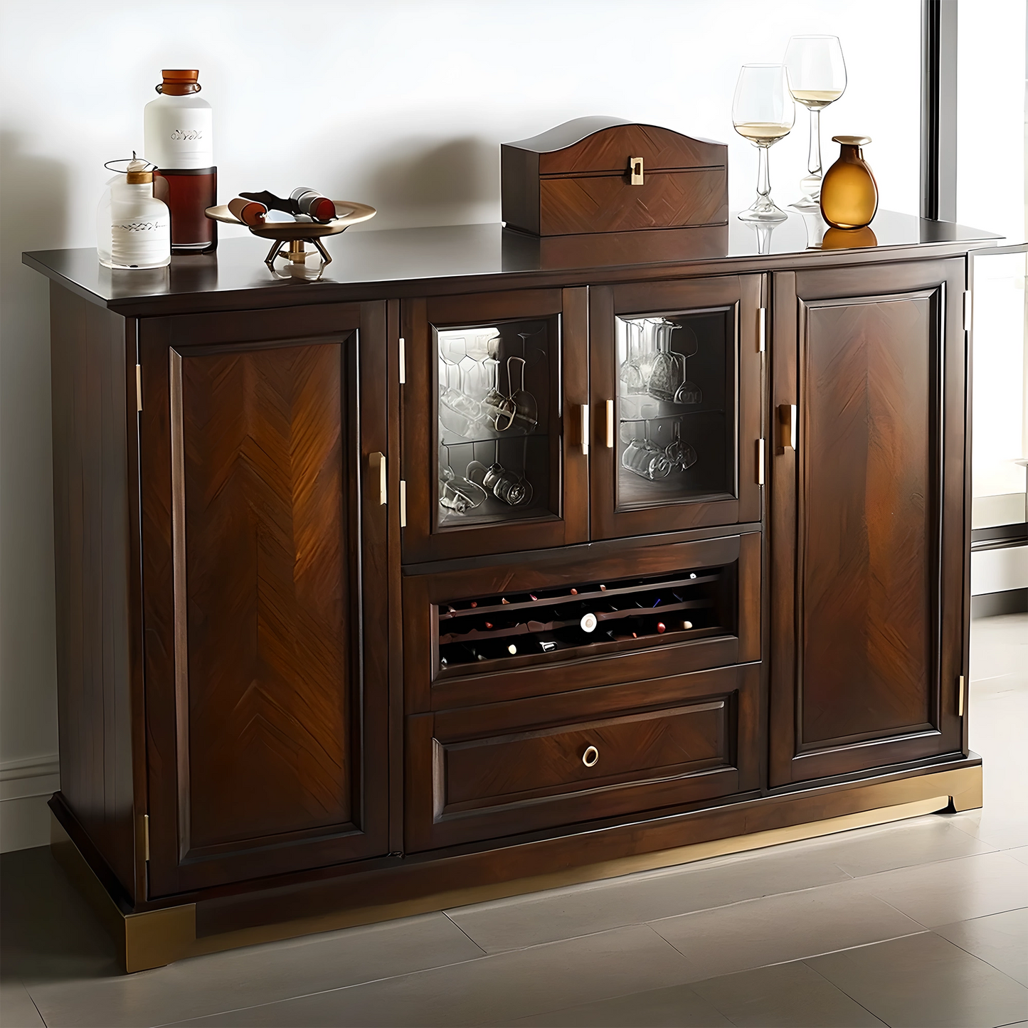 Walnut Wood Wine Cabinet with Elegant Gold Handles and Grid Storage Design