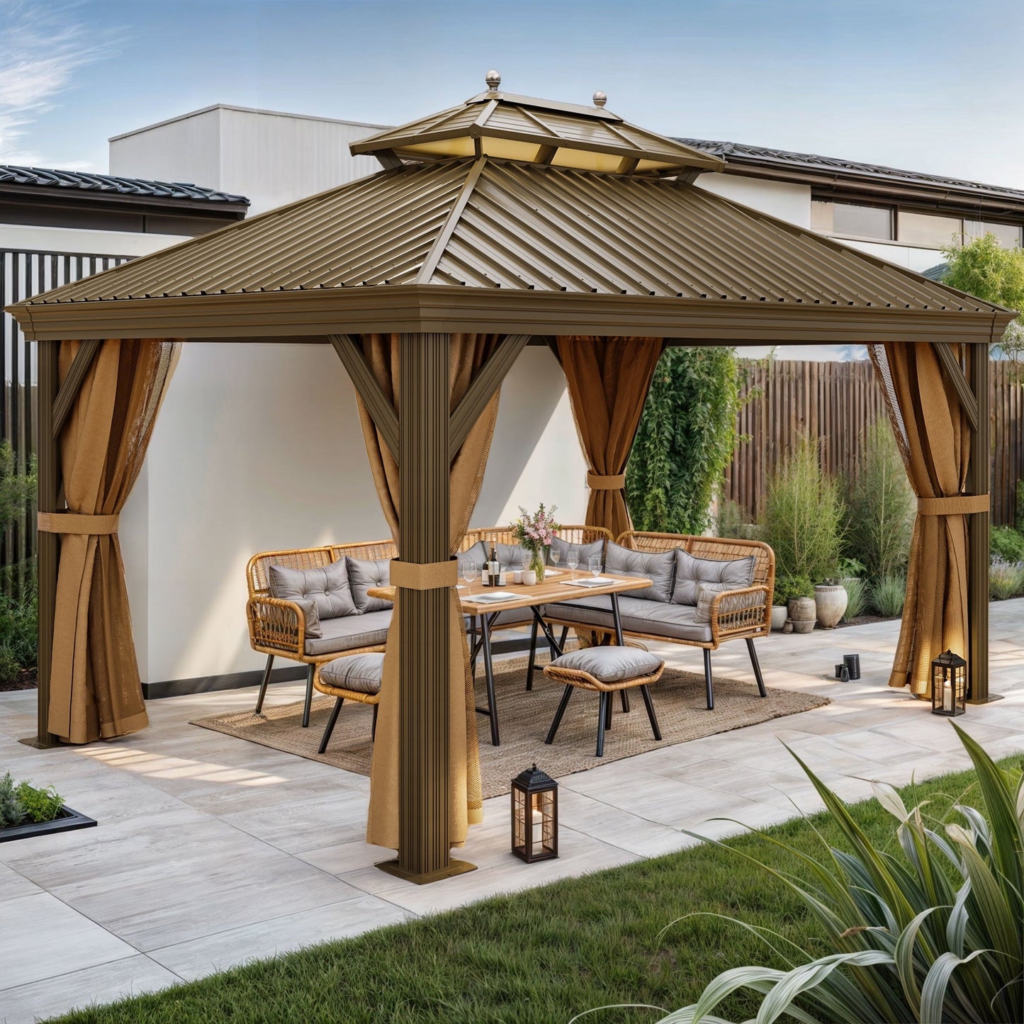 Mazonvintage 12' x 14' Outdoor Hardtop Gazebo with Netting & Shaded Curtains, Heavy Duty Double Roof Galvanized Steel Garden Tent for Patio, Mazonvintage, Bronze