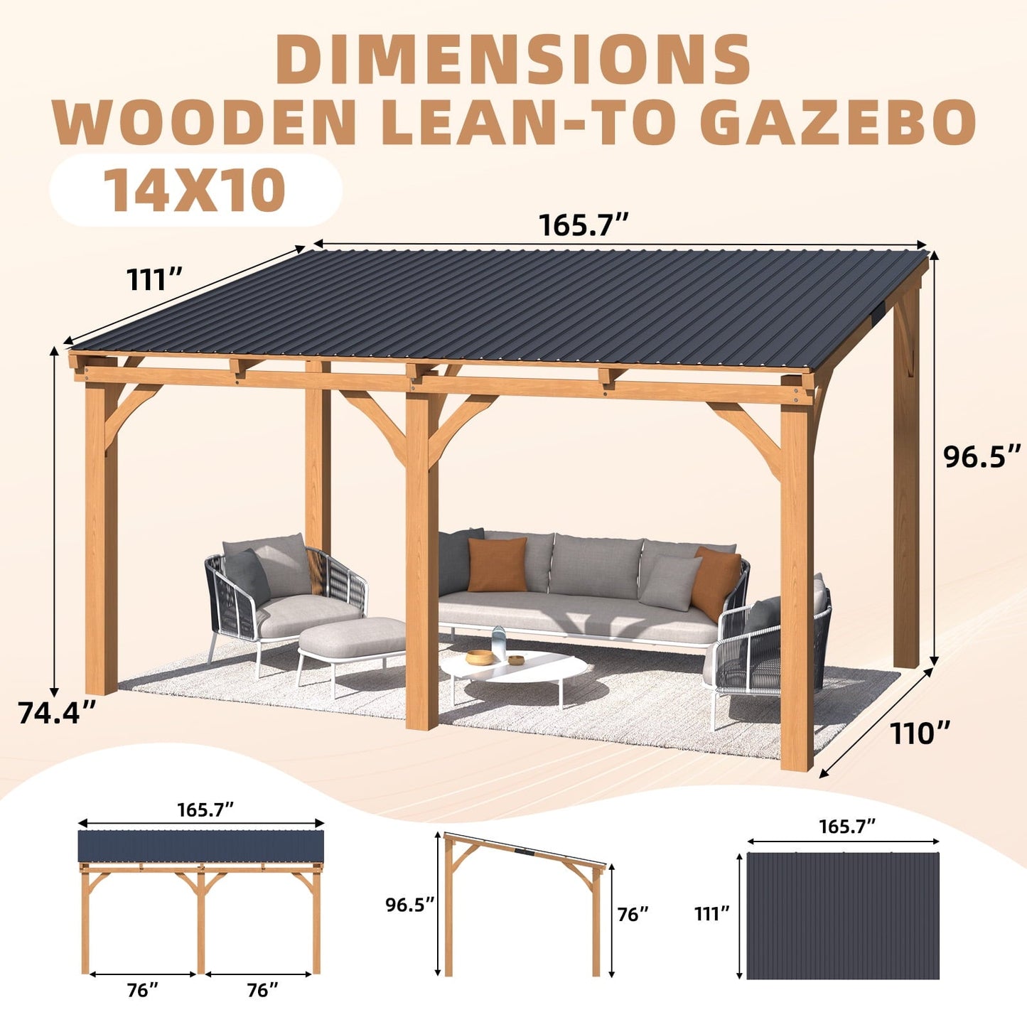Mazonvintage 10' x 14' Wood Gazebo, Outdoor Heavy Duty Wooden Pergola on Clearance, Patio Lean to Mazonvintage Awnings