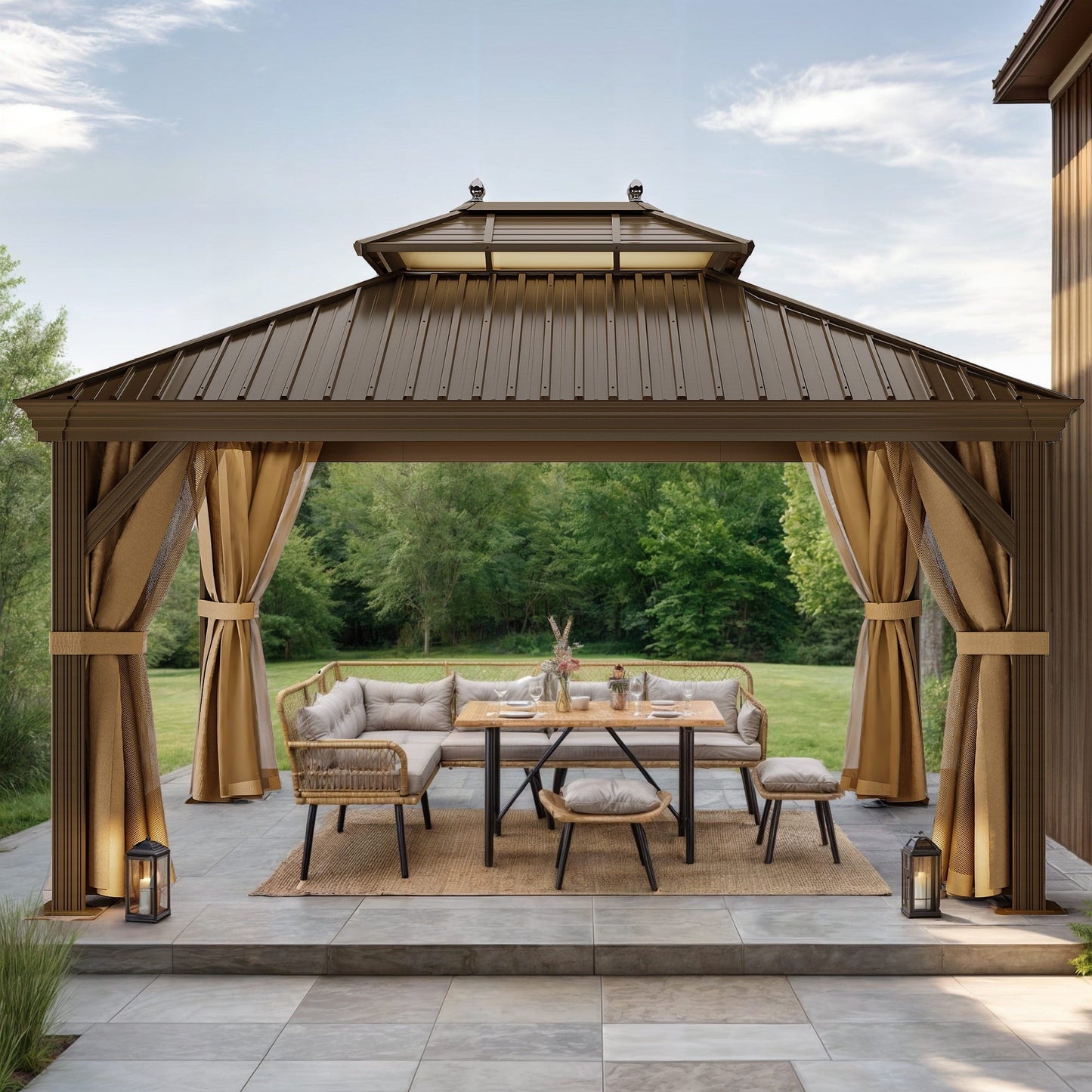 Mazonvintage 12' x 14' Mazonvintage Gazebo with Netting & Curtains, Heavy Duty Double Roof Galvanized Steel Garden Tent for Patio, Mazonvintage, Bronze