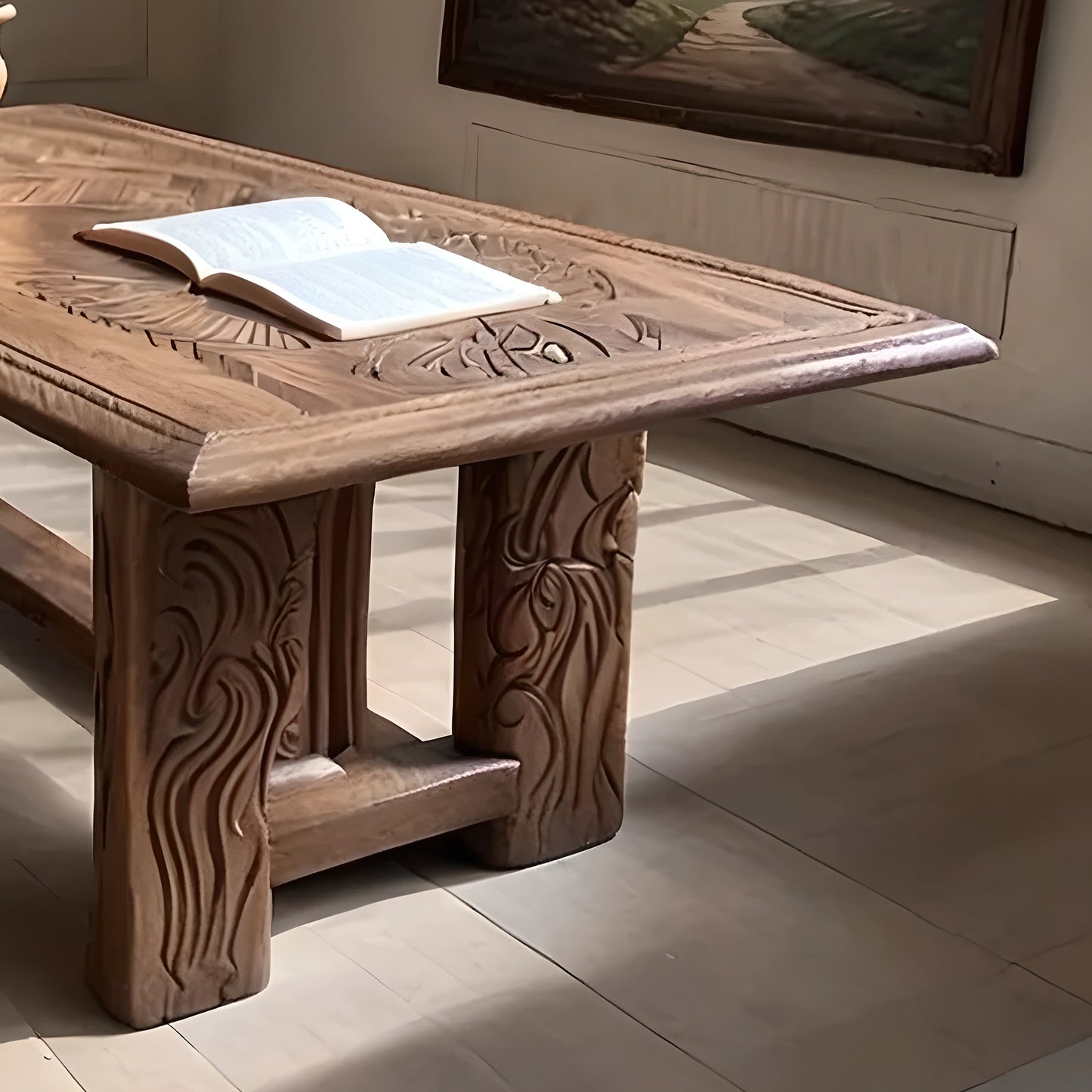 Handcrafted Solid Wood Coffee Table with Intricate Carvings, Rustic Luxury Design