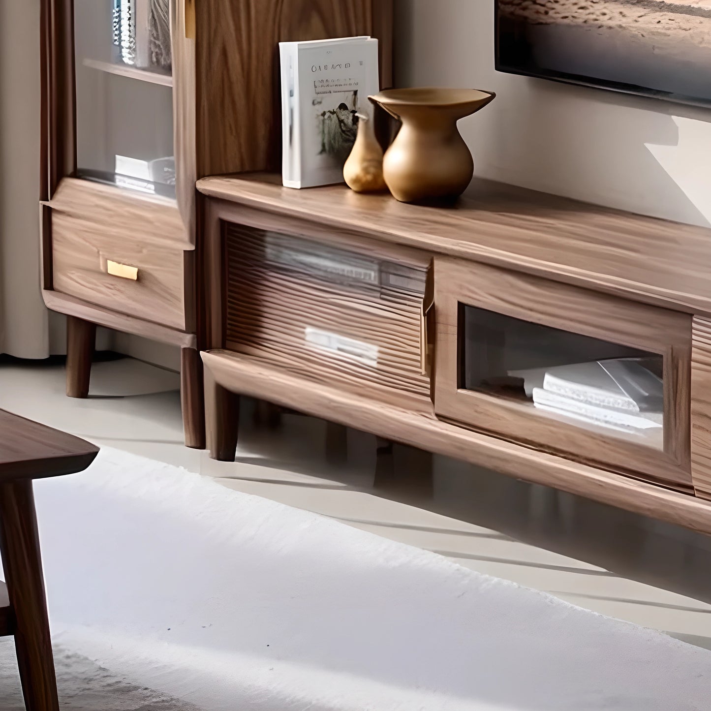 Long Wooden TV Console with Hidden Drawers, Contemporary Living Room Furniture
