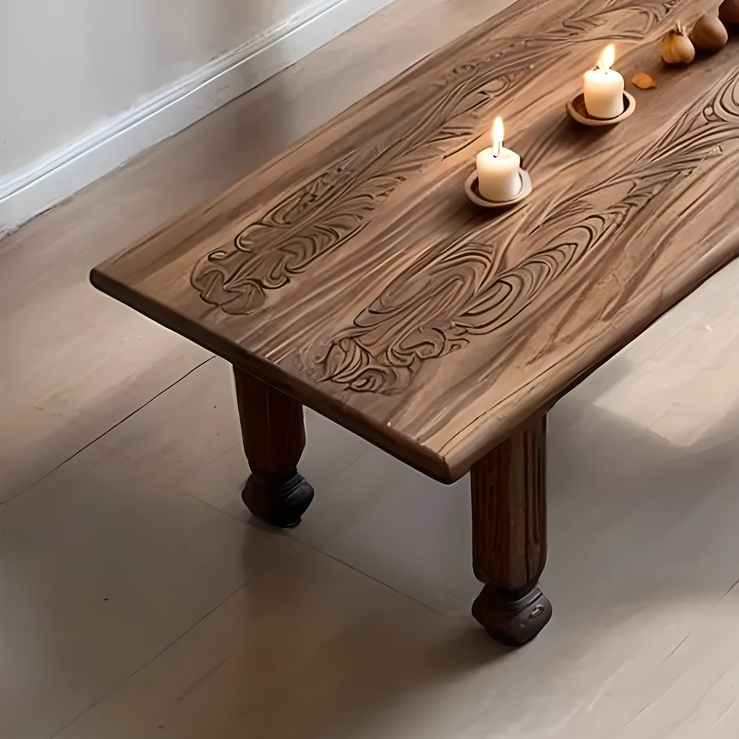 Rustic Solid Wood Coffee Table with Hand-Carved Details, Farmhouse Style