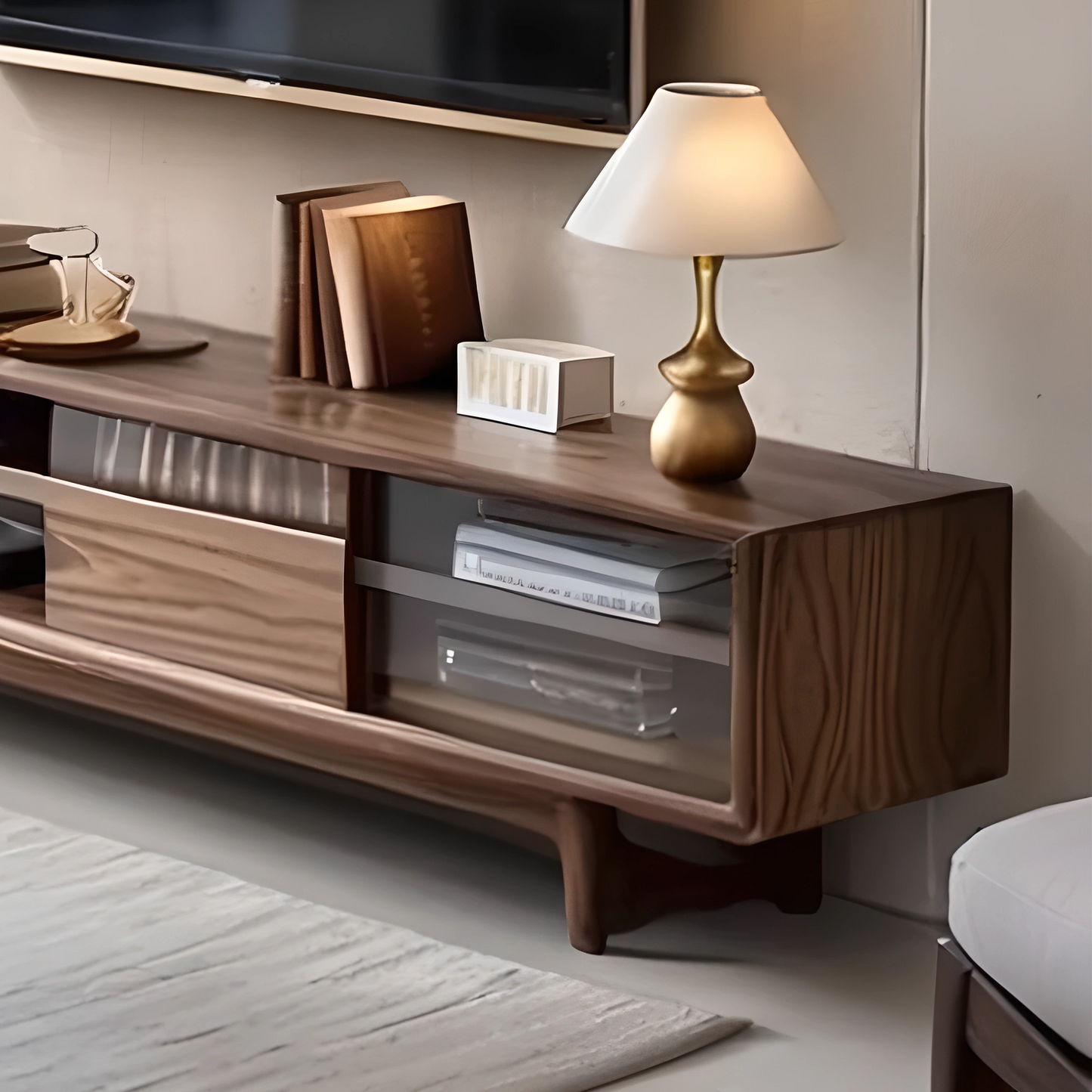 Low Wooden TV Unit with Open Shelf and Storage, Perfect for Modern Interiors