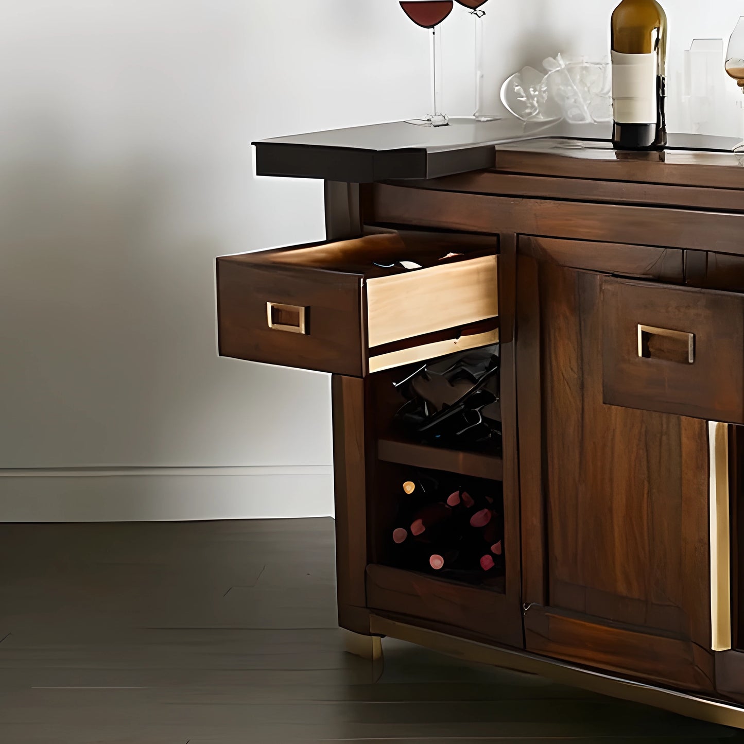 Wooden wine cabinet with glass doors, designed for elegance and practicality – ideal for any wine lover.