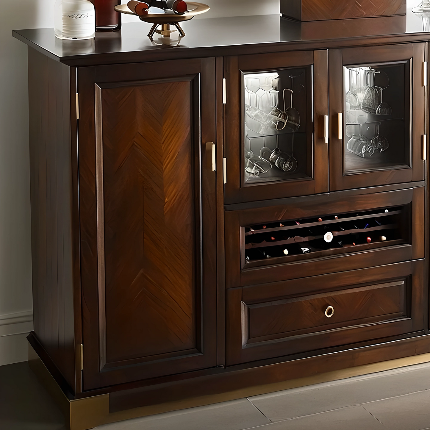 Walnut Wood Wine Cabinet with Elegant Gold Handles and Grid Storage Design