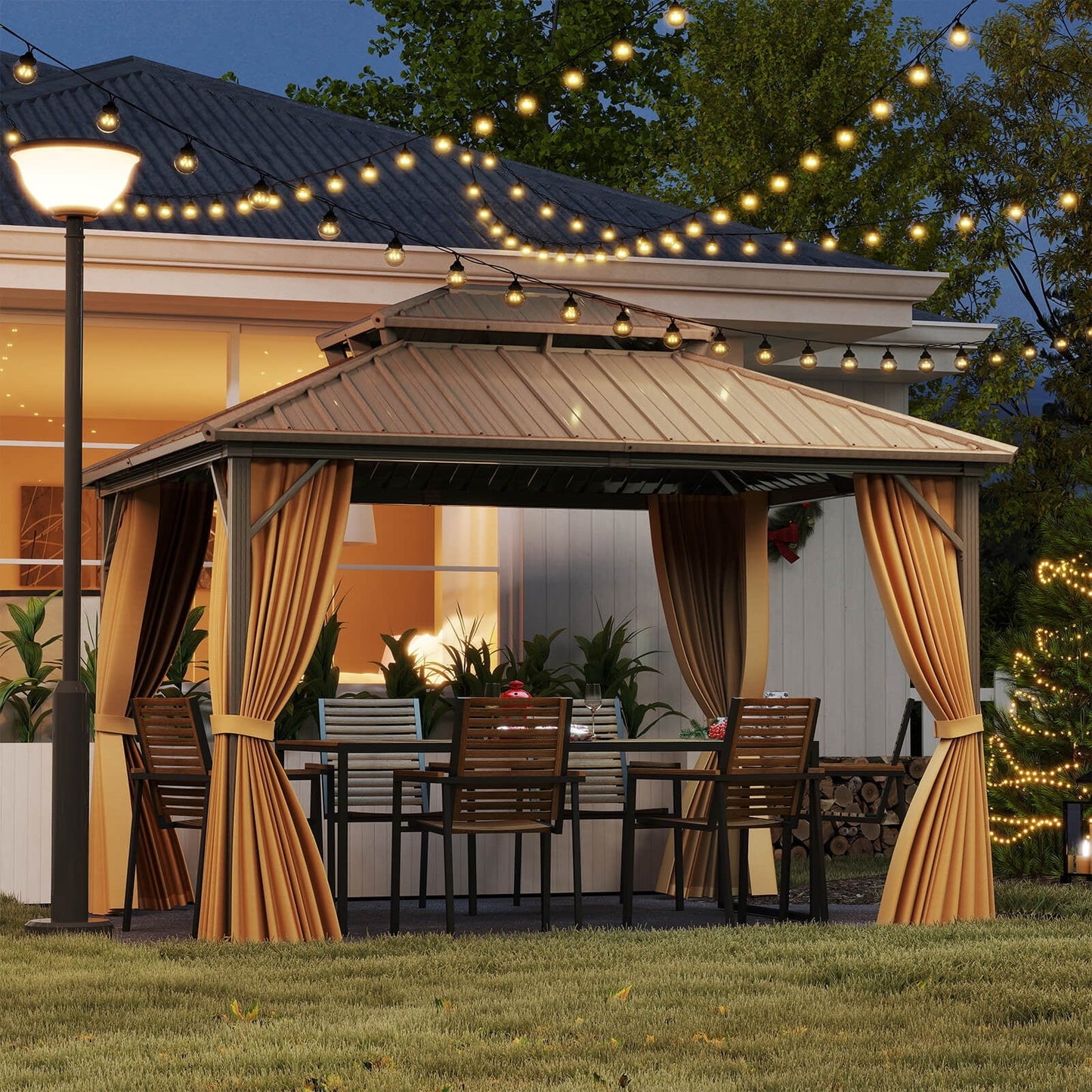 Mazonvintage 12 X 10 FT Mazonvintage Gazebo with Netting Heavy-Duty Double-Roof Galvanized Metal Top