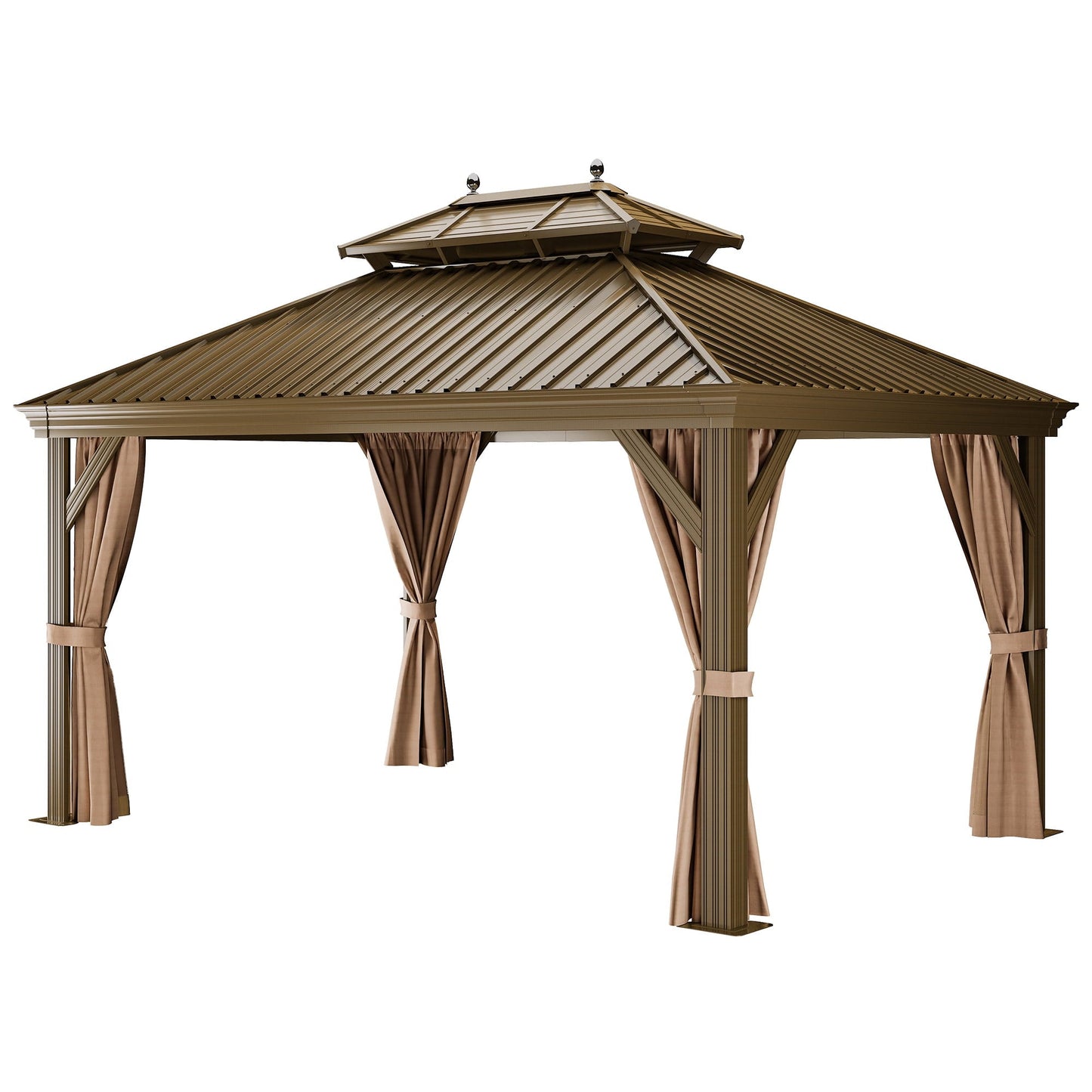Mazonvintage 12' x 14' Outdoor Hardtop Gazebo with Netting & Shaded Curtains, Heavy Duty Double Roof Galvanized Steel Garden Tent for Patio, Mazonvintage, Bronze