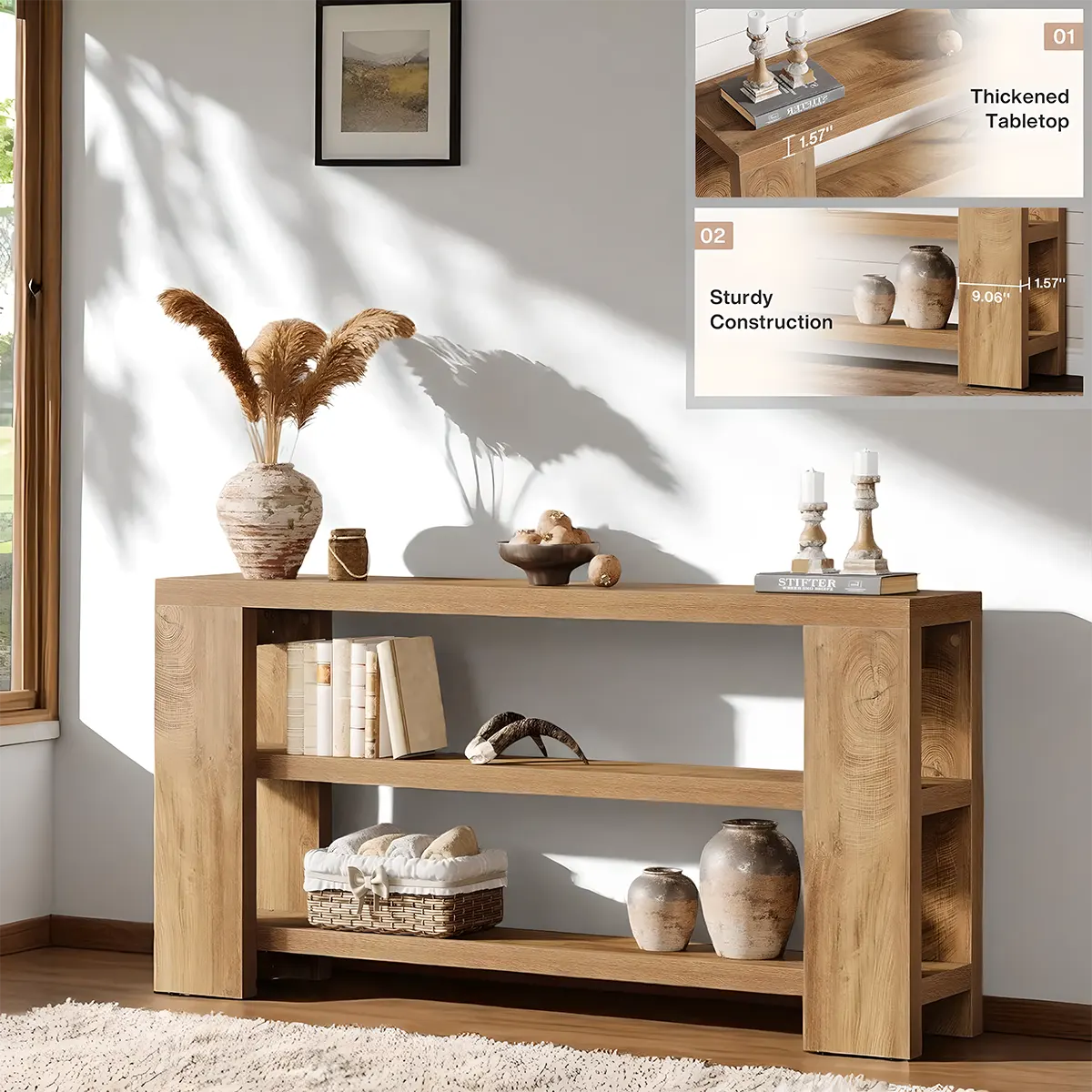 3-Tier Natural Oak Console Table - Modern Design 70.87 Inch