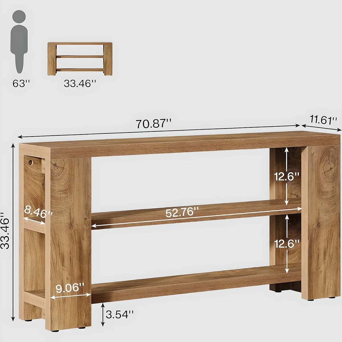 3-Tier Natural Oak Console Table - Modern Design 70.87 Inch