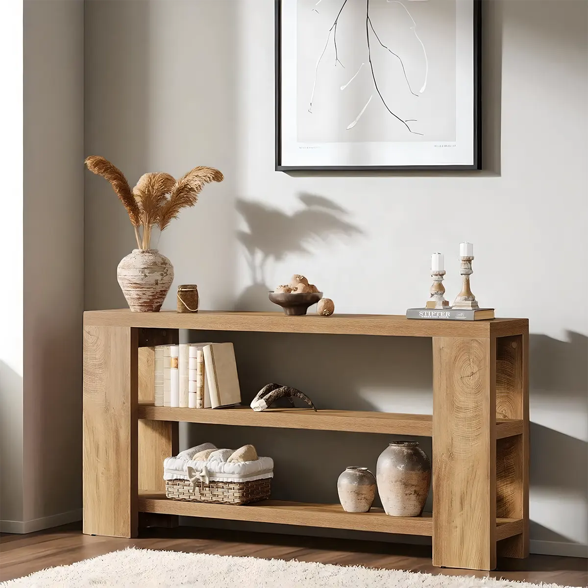 3-Tier Natural Oak Console Table - Modern Design 70.87 Inch