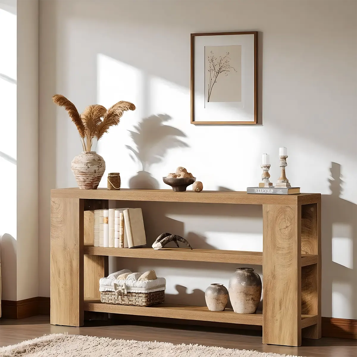 3-Tier Natural Oak Console Table - Modern Design 70.87 Inch