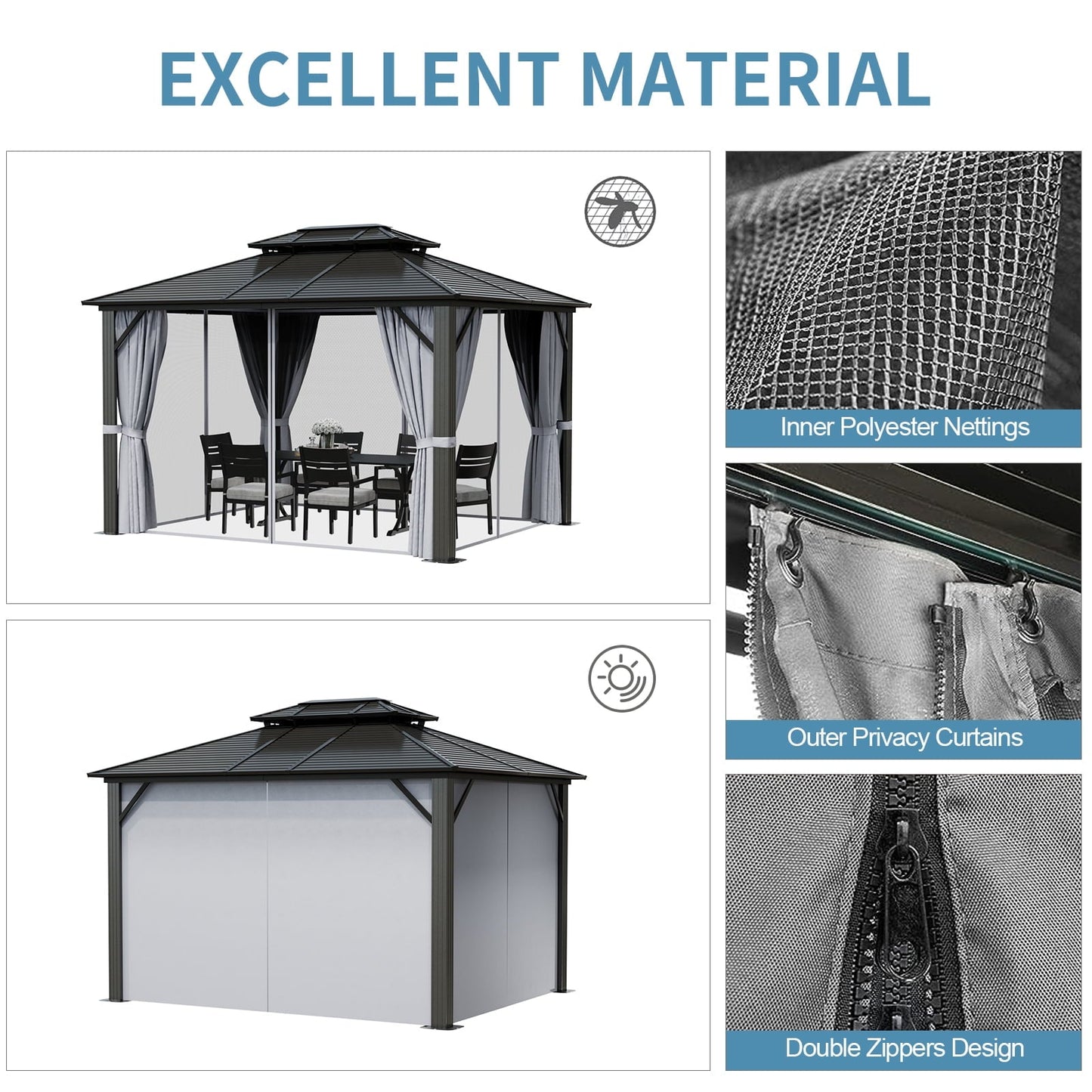 Mazonvintage 10 ft. x 12 ft. Outdoor Hardtop Gazebo, Galvanized Steel Double Roof Gazebo with Curtain and Netting, Gray