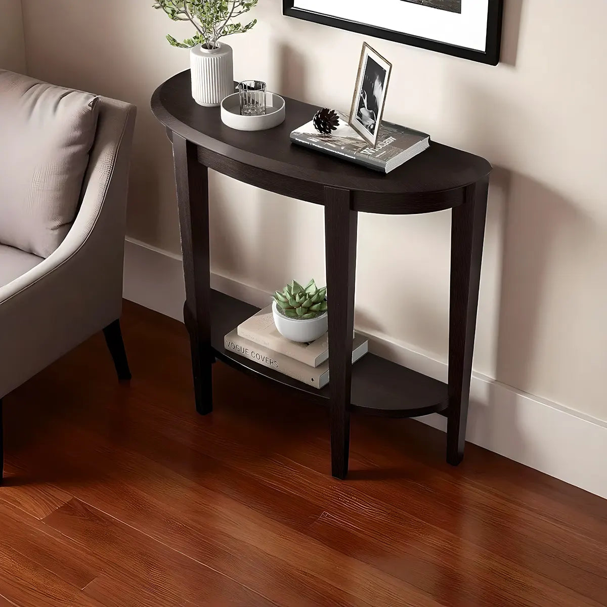 36″ Dark Brown Wood Half Moon Console Table – Bottom Shelf & Drawers