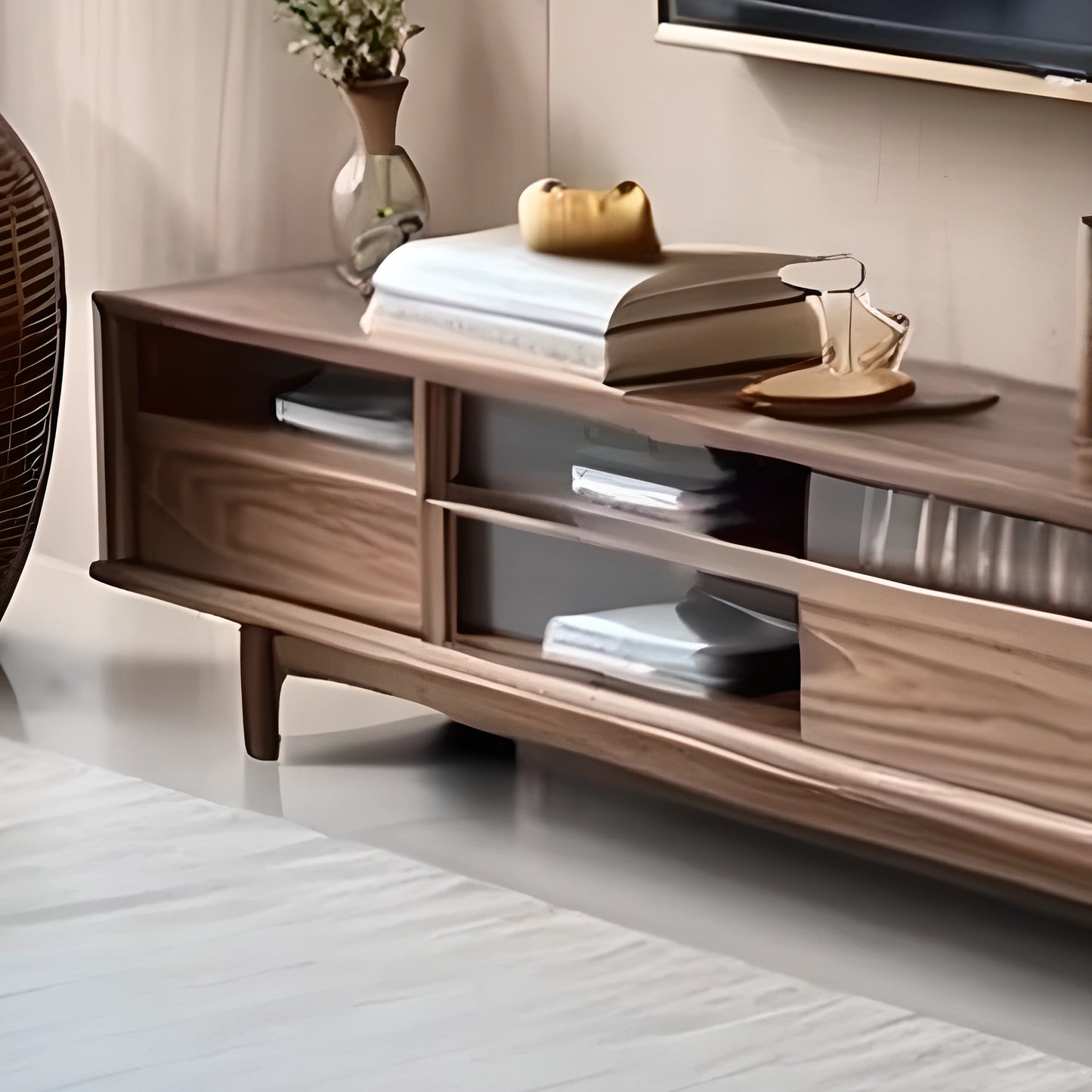 Low Wooden TV Unit with Open Shelf and Storage, Perfect for Modern Interiors