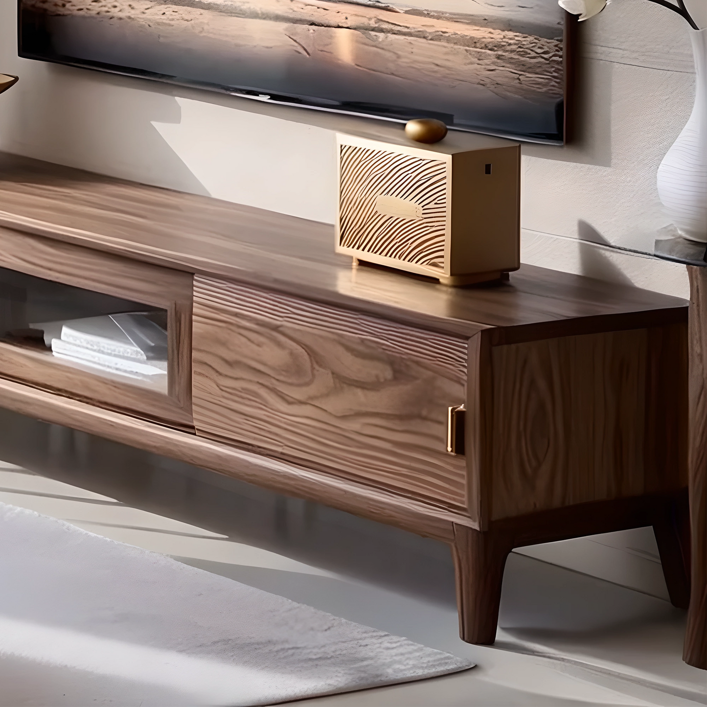 Long Wooden TV Console with Hidden Drawers, Contemporary Living Room Furniture