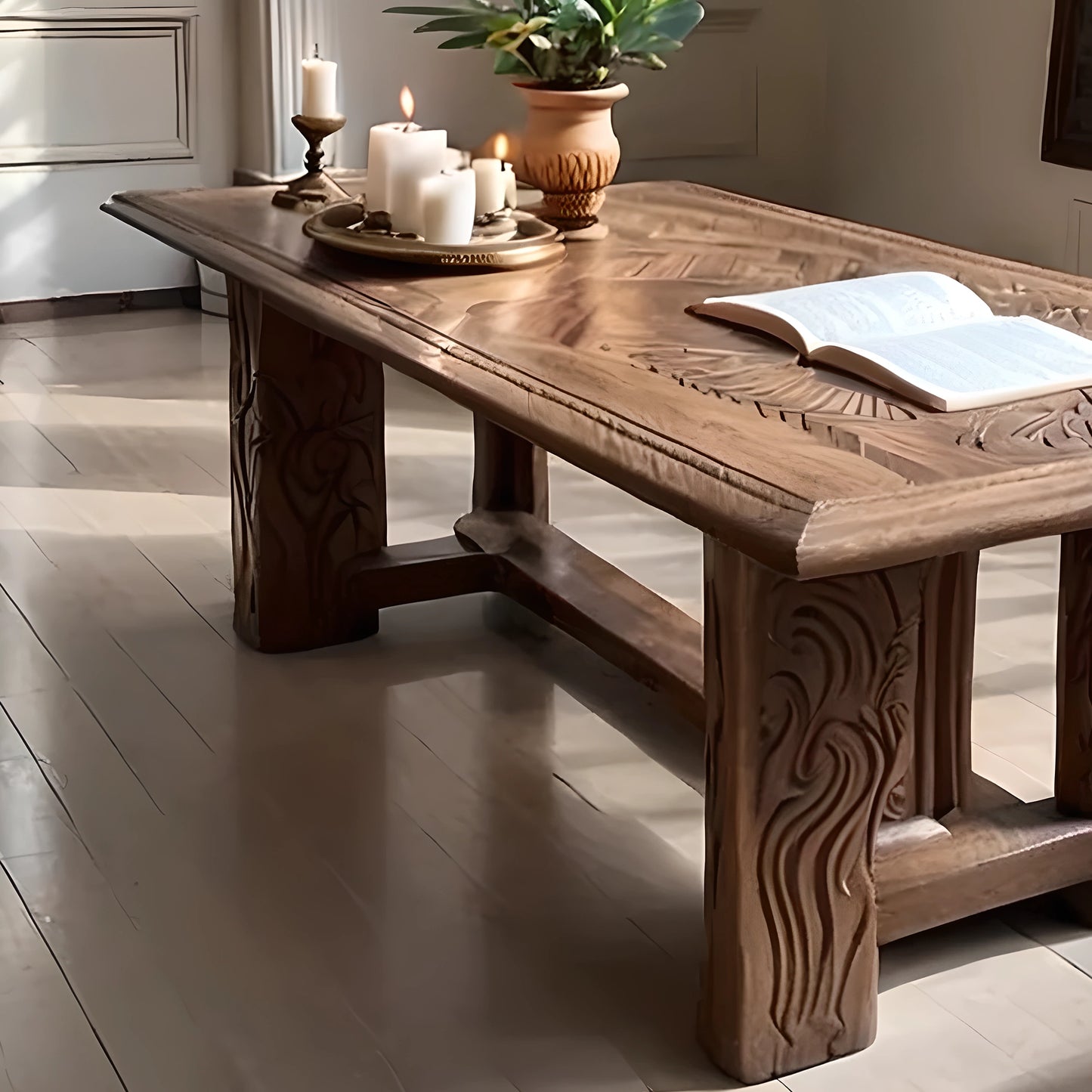 Handcrafted Solid Wood Coffee Table with Intricate Carvings, Rustic Luxury Design