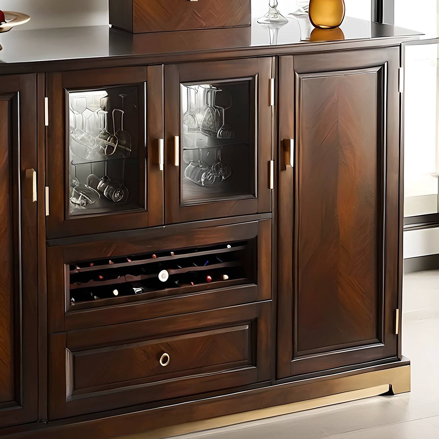 Walnut Wood Wine Cabinet with Elegant Gold Handles and Grid Storage Design