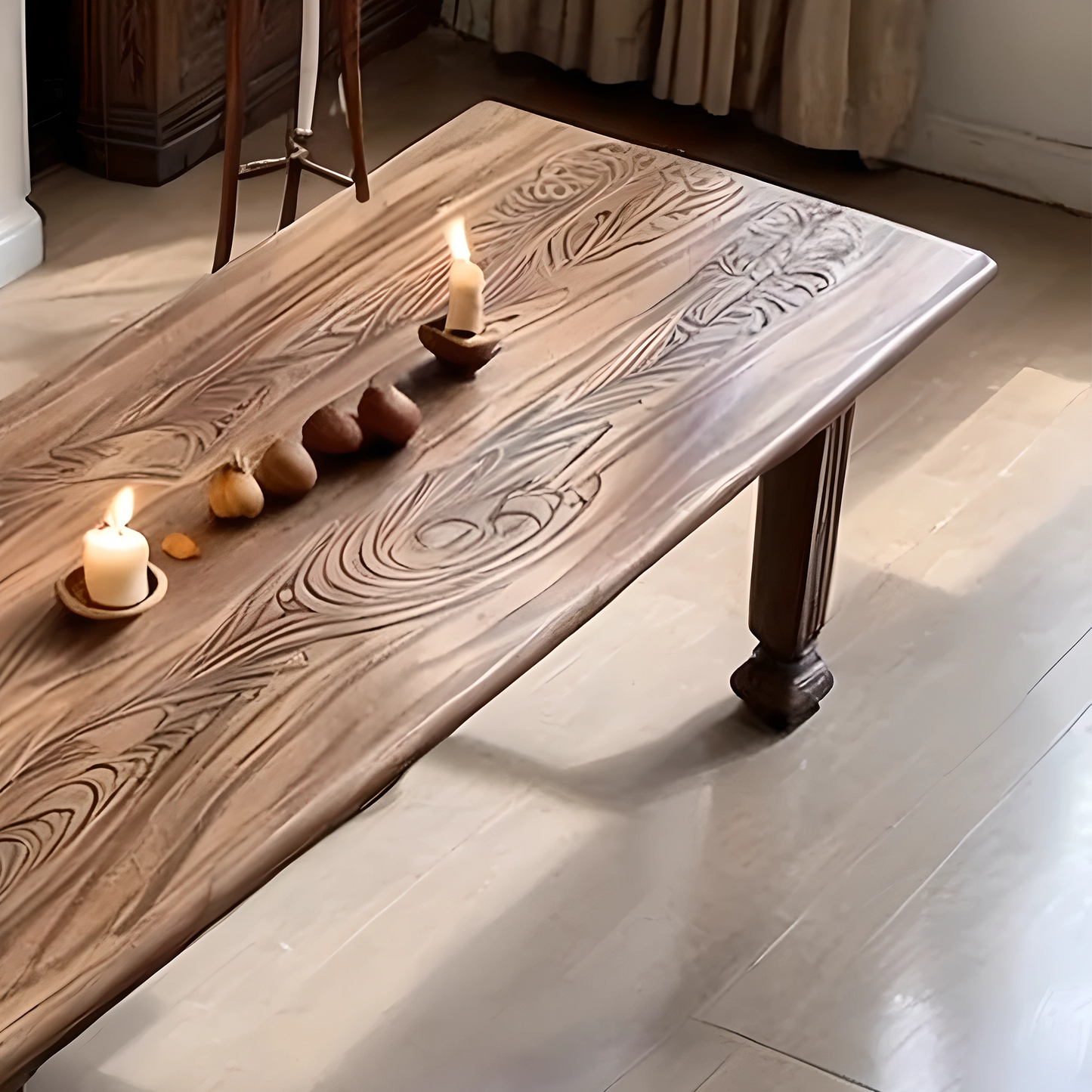 Rustic Solid Wood Coffee Table with Hand-Carved Details, Farmhouse Style