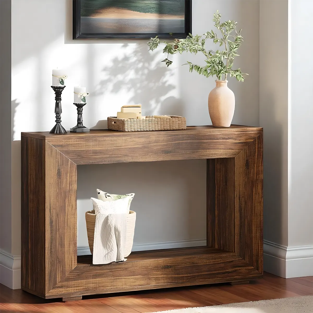 47" Rustic Wood Console Table – Open Rectangular Frame, Bottom Shelf, Entryway Style & Sofa Table