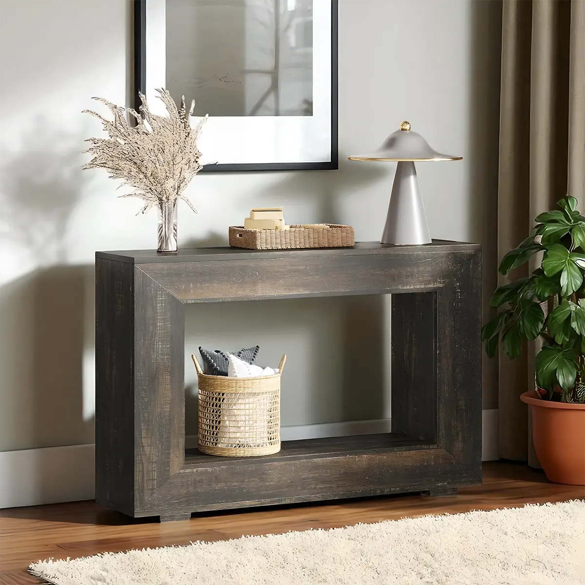 47" Rustic Wood Console Table – Open Rectangular Frame, Bottom Shelf, Entryway Style & Sofa Table