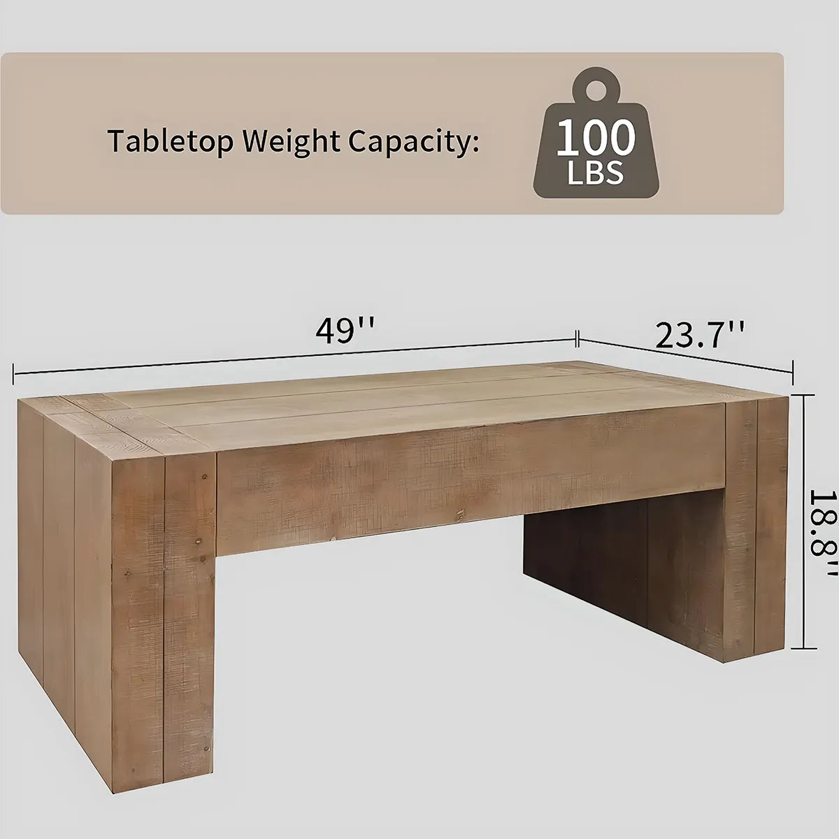49″ Natural Wood Coffee Table – Minimalist Style, Holds up to 100lbs