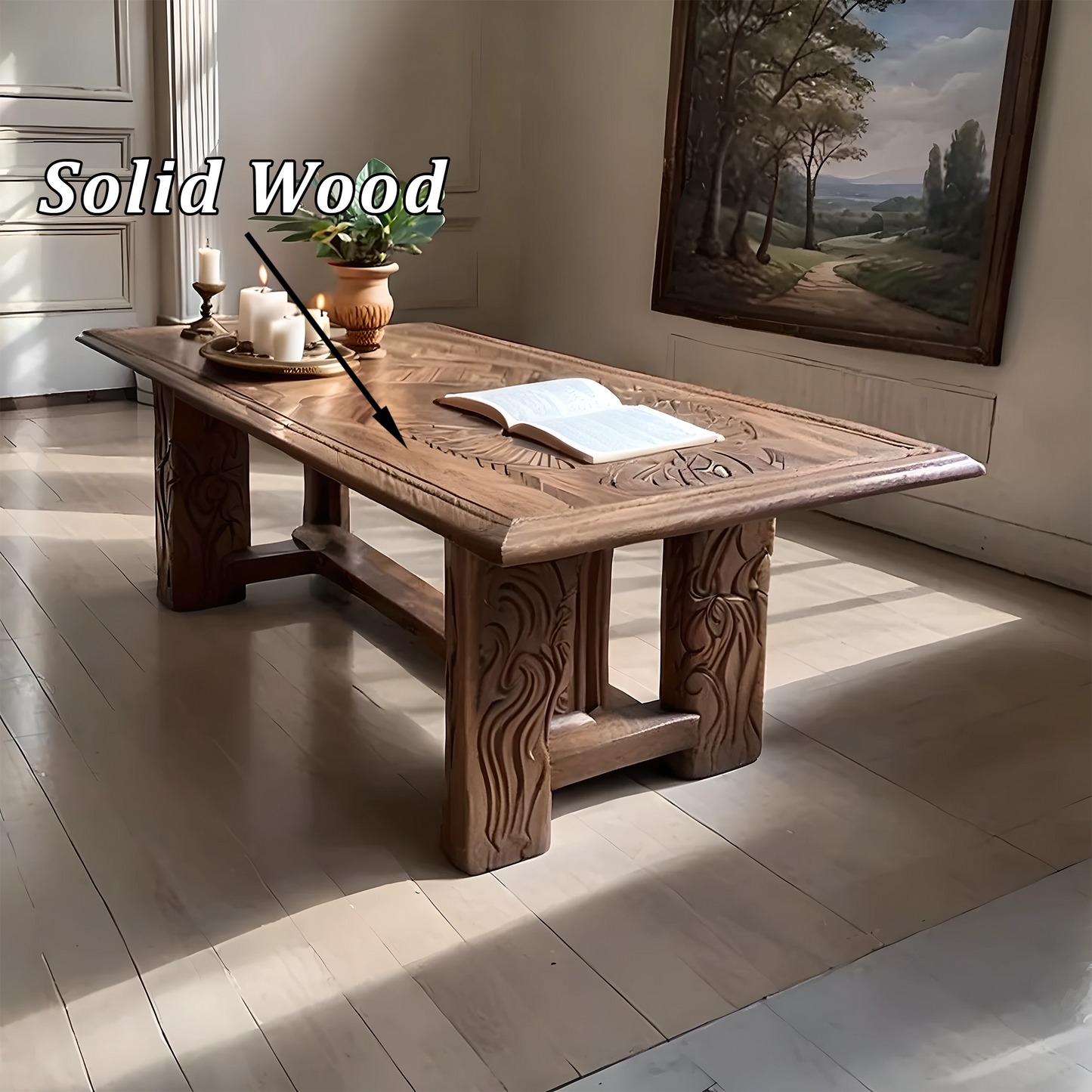 Handcrafted Solid Wood Coffee Table with Intricate Carvings, Rustic Luxury Design