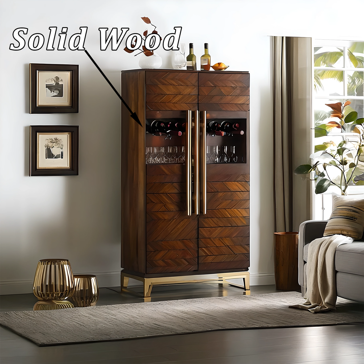 Contemporary Wooden Wine Cellar Cabinet with Transparent Glass Doors