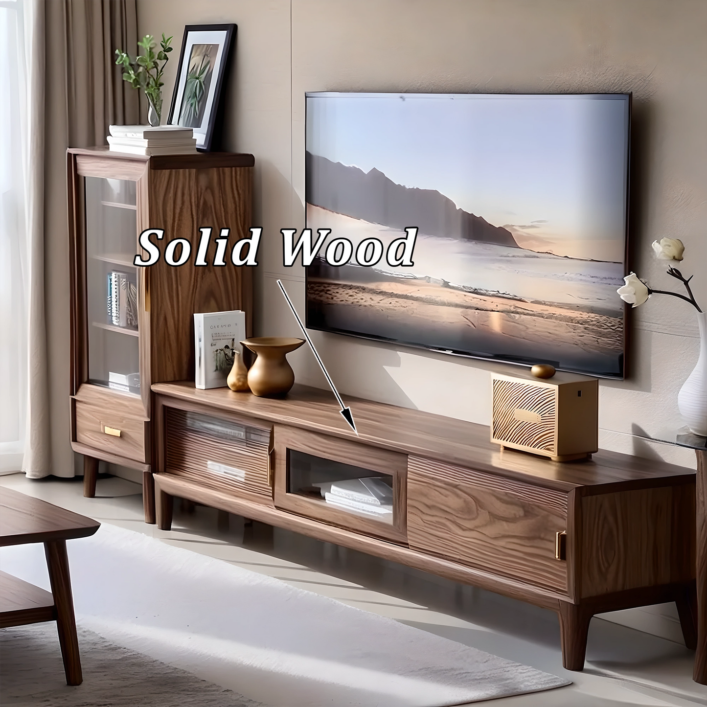 Long Wooden TV Console with Hidden Drawers, Contemporary Living Room Furniture