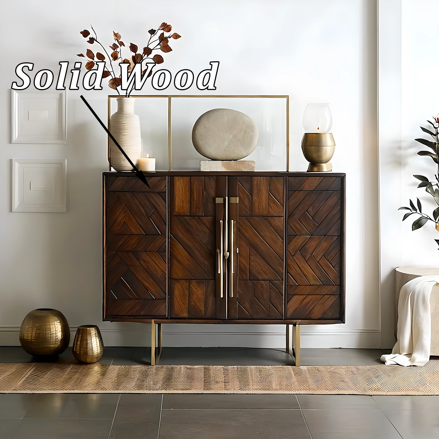 Mid-Century Style Wine Cabinet in Solid Wood, Storage for Bottles and Glassware