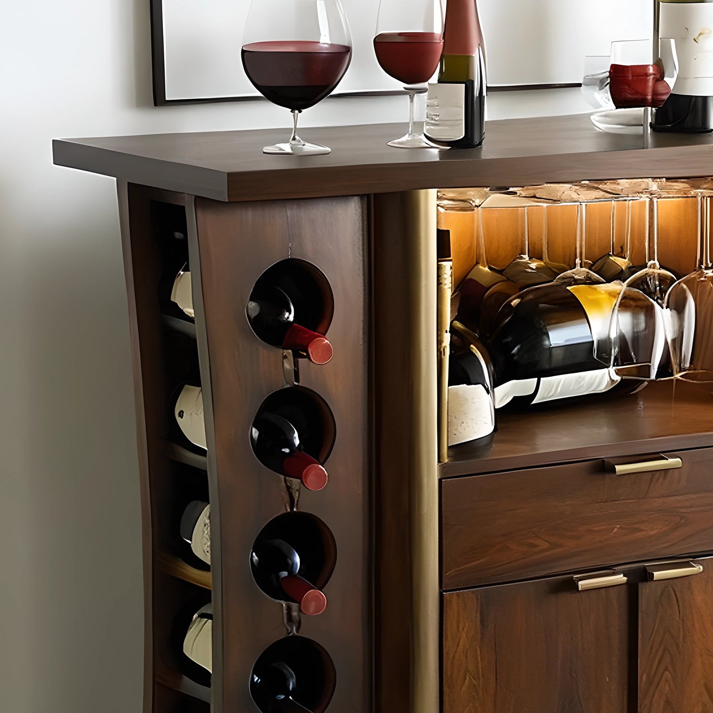 Solid Walnut Wine Storage Cabinet with Grid Shelves and Glass Display Doors