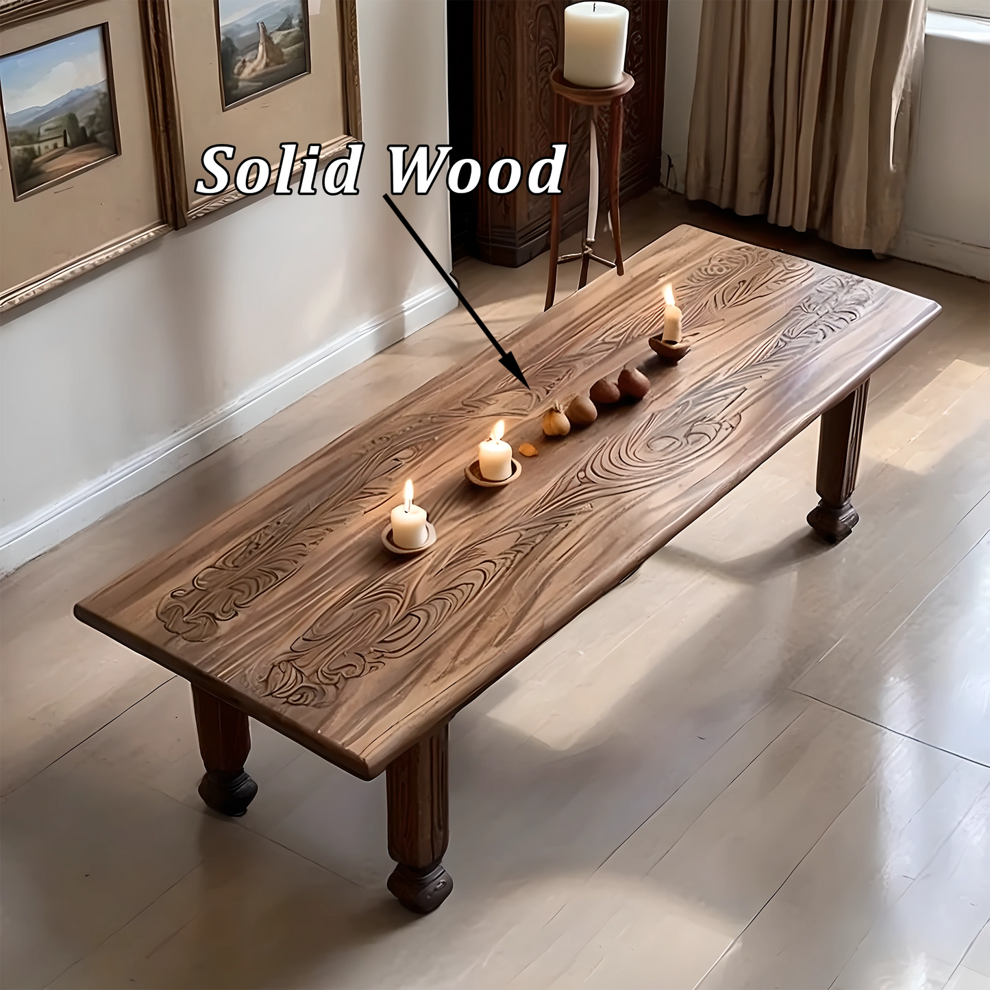 Rustic Solid Wood Coffee Table with Hand-Carved Details, Farmhouse Style