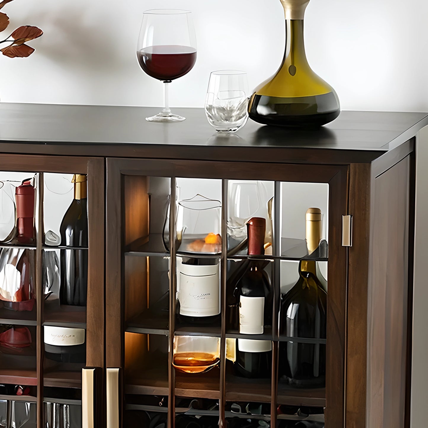 Modern Wooden Wine Cabinet with Glass Doors, Luxury Storage for Wine Bottles and Glasses