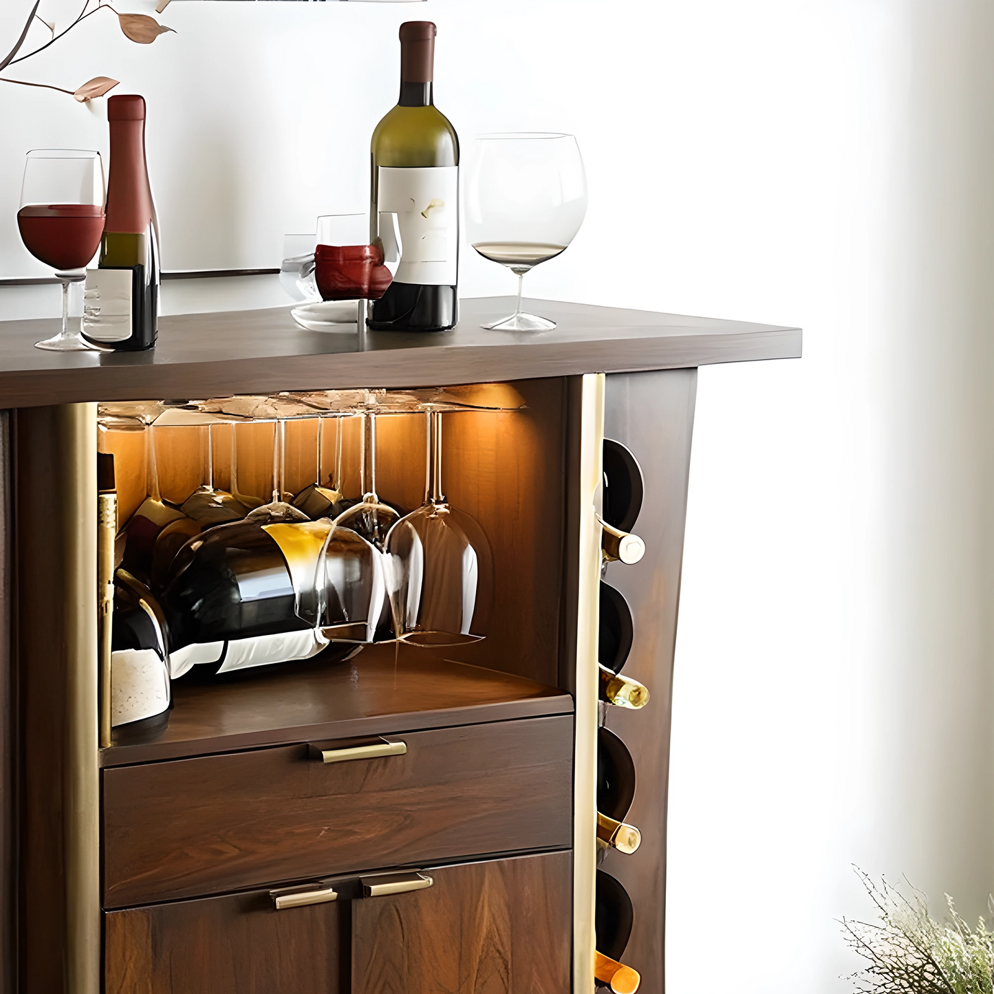 Solid Walnut Wine Storage Cabinet with Grid Shelves and Glass Display Doors