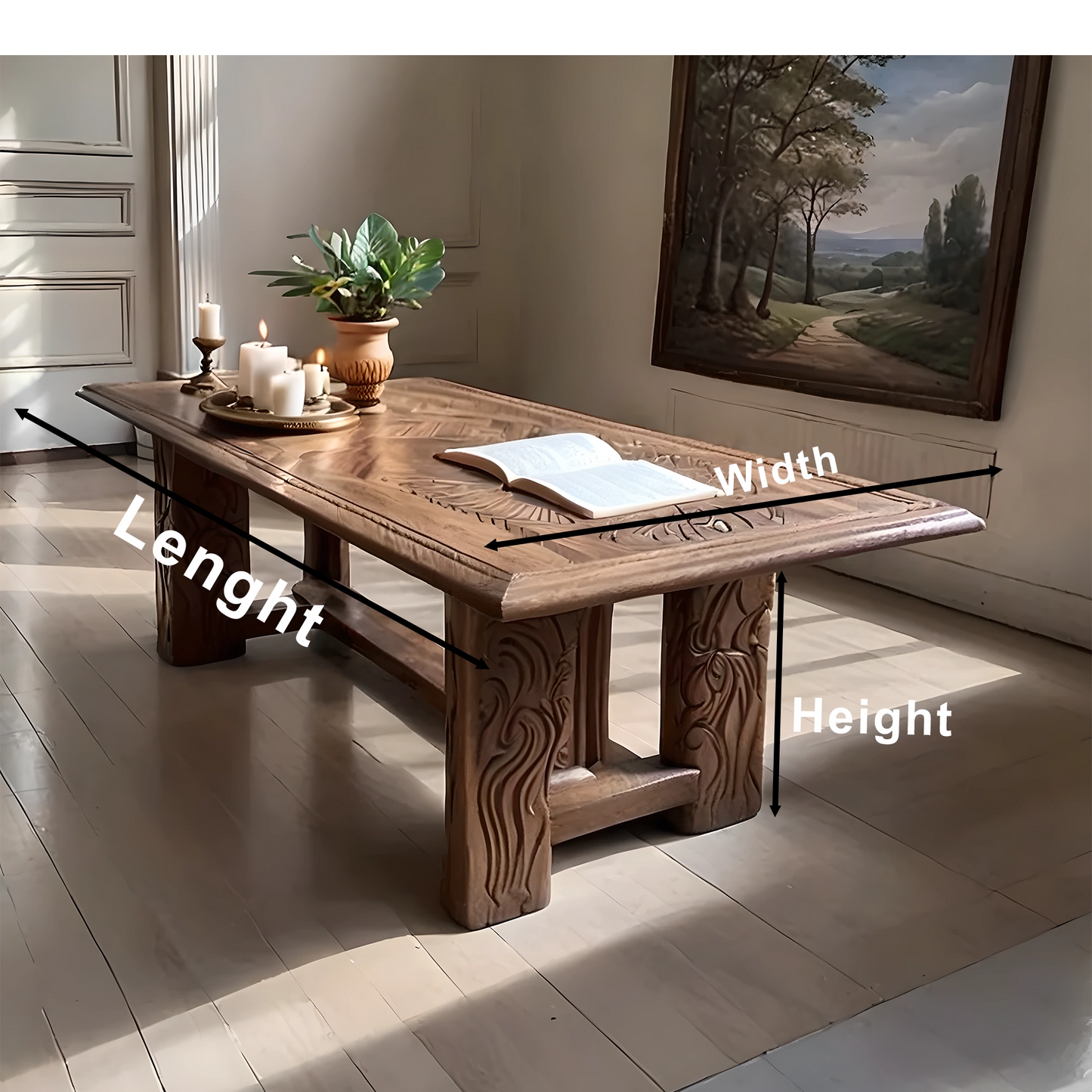 Handcrafted Solid Wood Coffee Table with Intricate Carvings, Rustic Luxury Design
