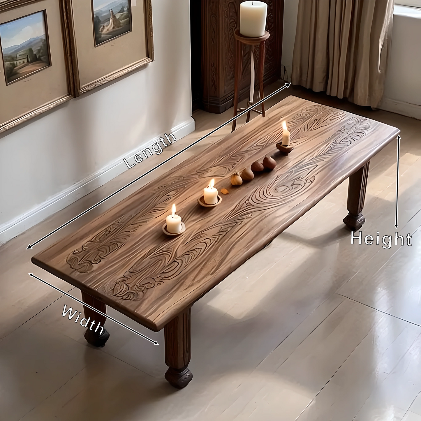 Rustic Solid Wood Coffee Table with Hand-Carved Details, Farmhouse Style