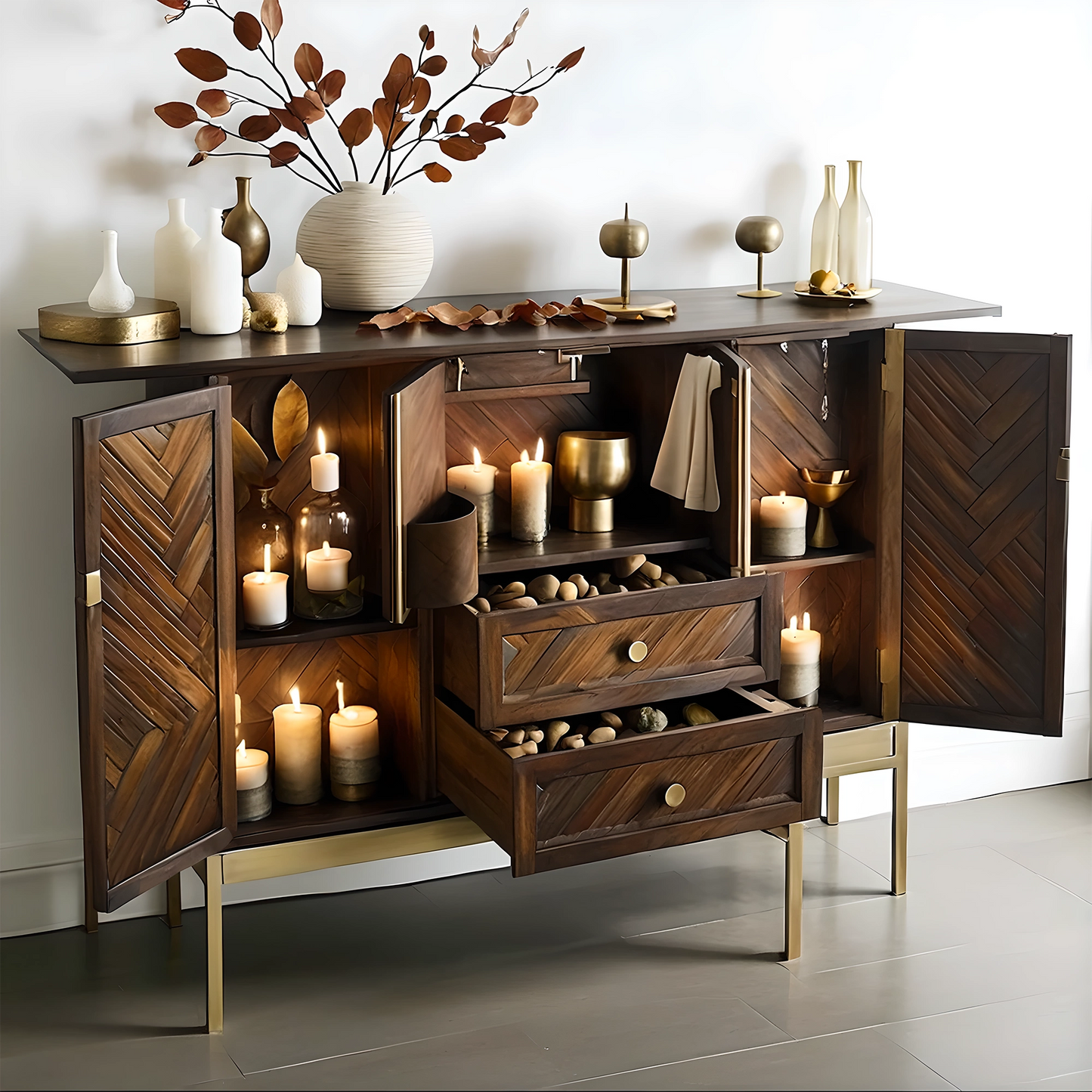 Mid-Century Style Wine Cabinet in Solid Wood, Storage for Bottles and Glassware