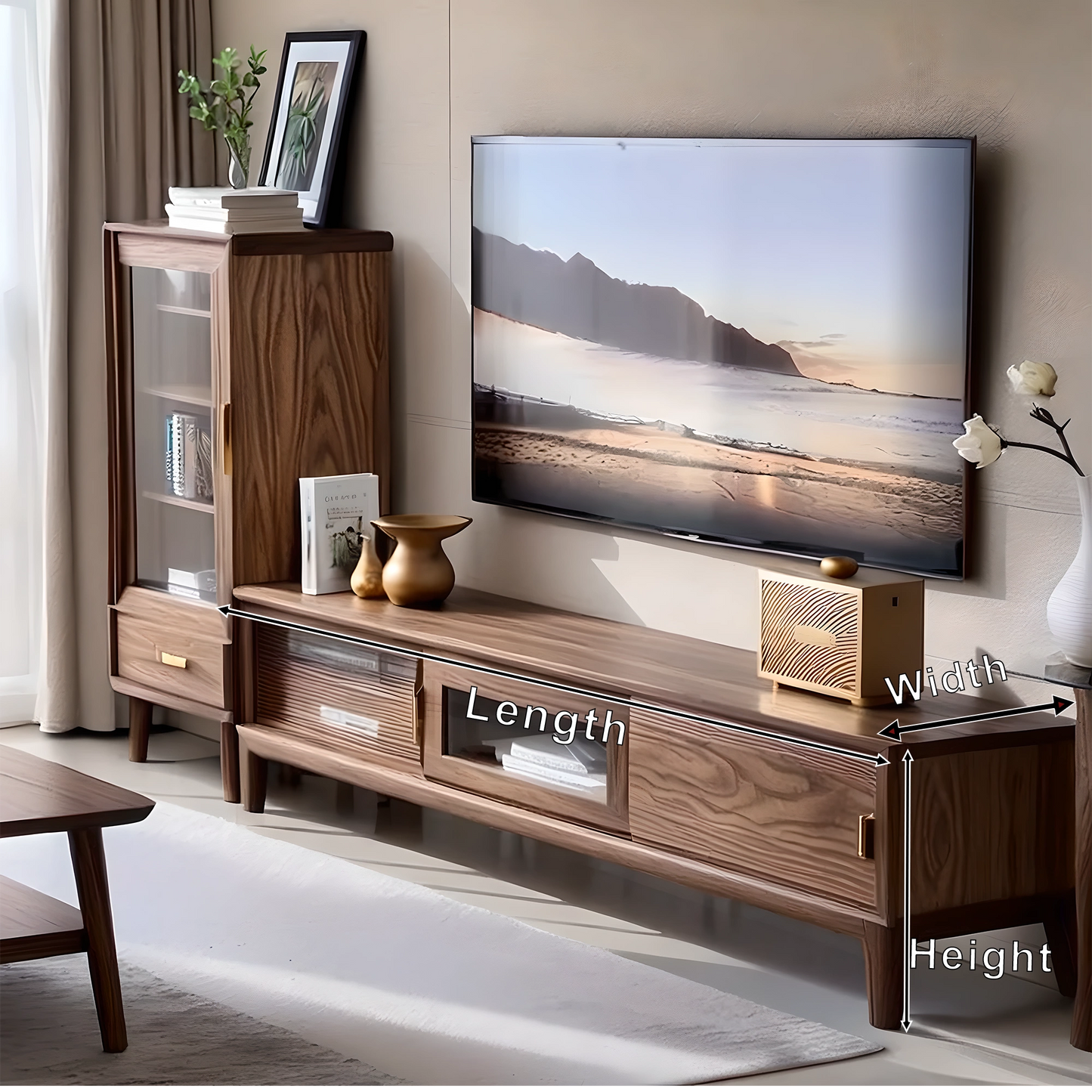 Long Wooden TV Console with Hidden Drawers, Contemporary Living Room Furniture