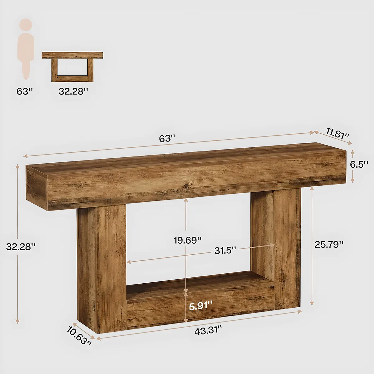 63″ Long Rustic Wood Console Table – Farmhouse Design, With Multi-Functional Shelves