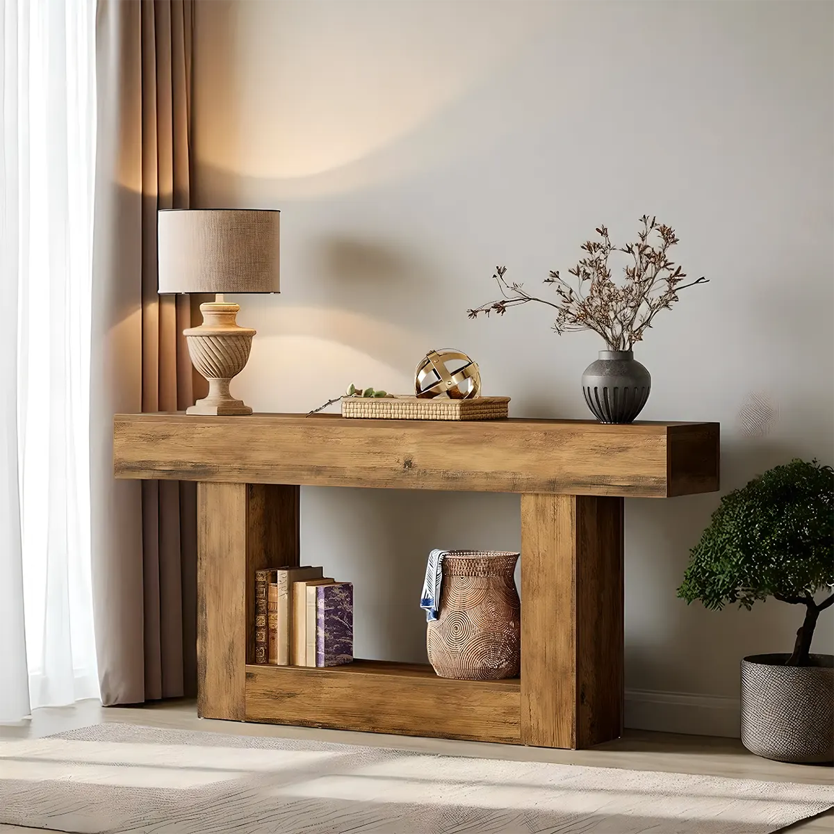 63″ Long Rustic Wood Console Table – Farmhouse Design, With Multi-Functional Shelves
