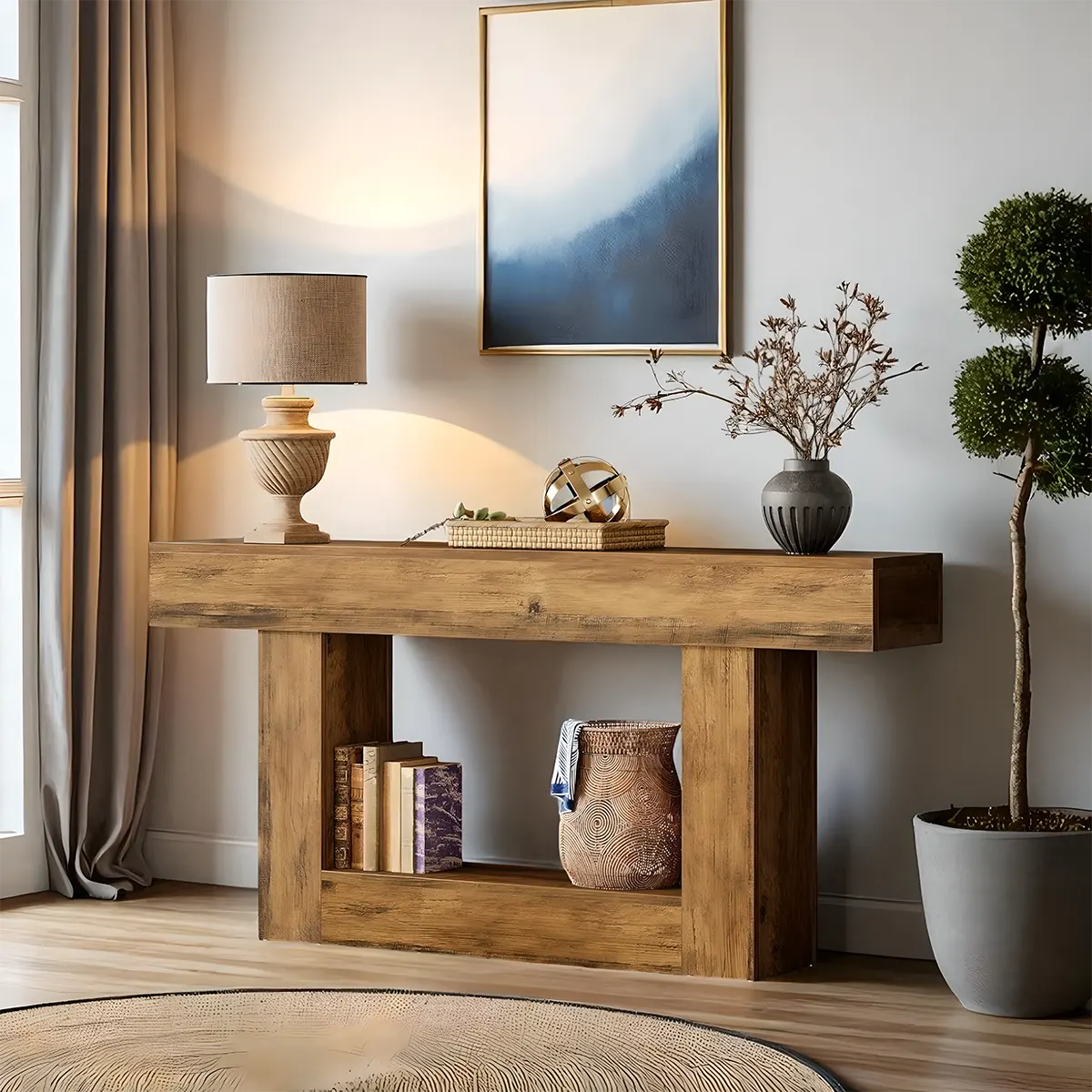 63″ Long Rustic Wood Console Table – Farmhouse Design, With Multi-Functional Shelves