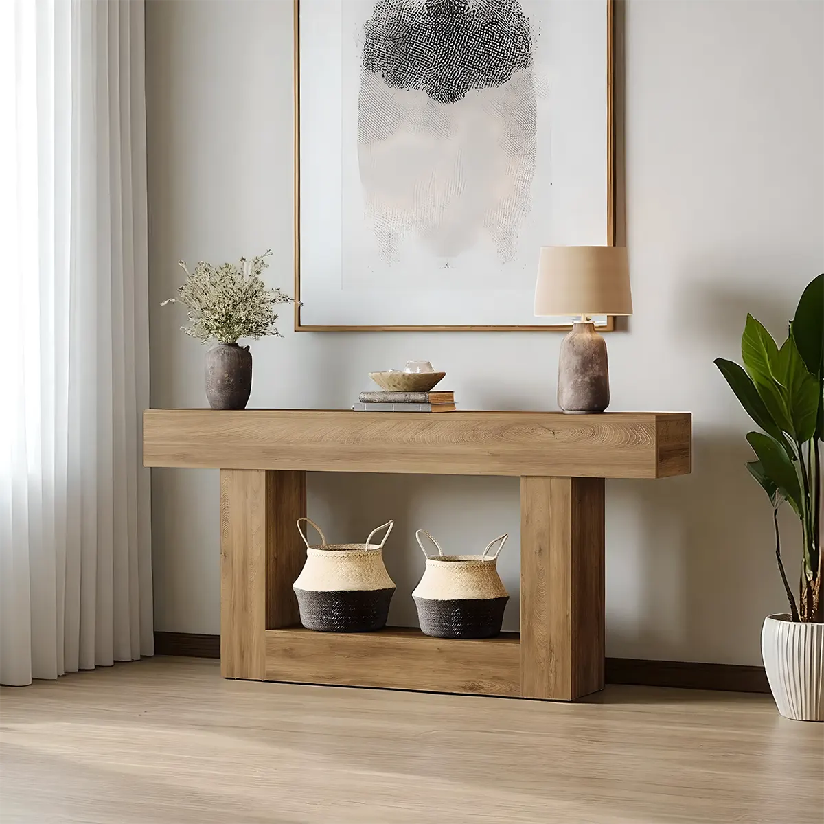 63″ Long Rustic Wood Console Table – Farmhouse Design, With Multi-Functional Shelves