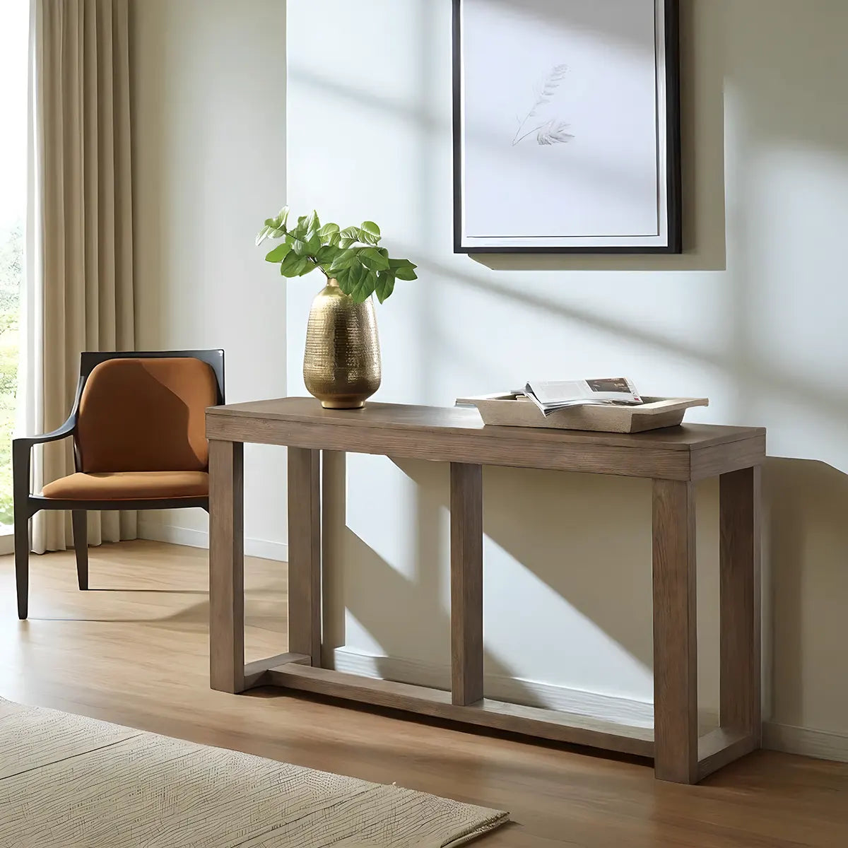64 Inch Natural Wood Console Table – Minimalist Modern Design